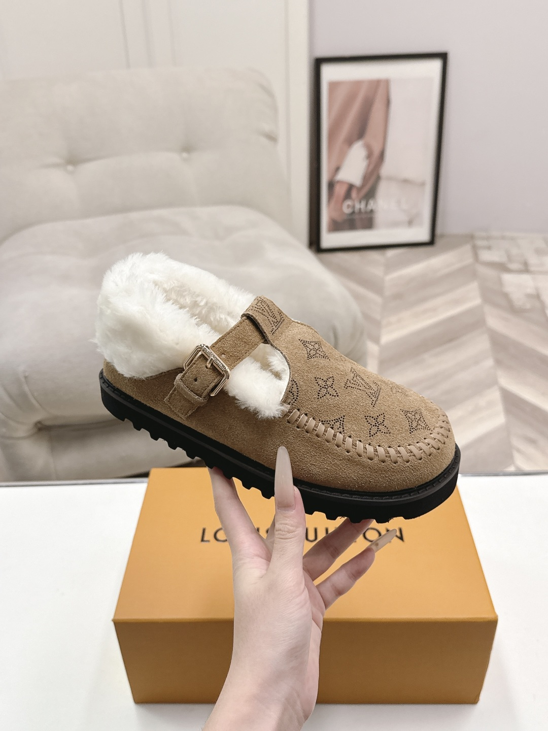 Louis Vuitton Tan Fuzzy Trim Monogram Loafers