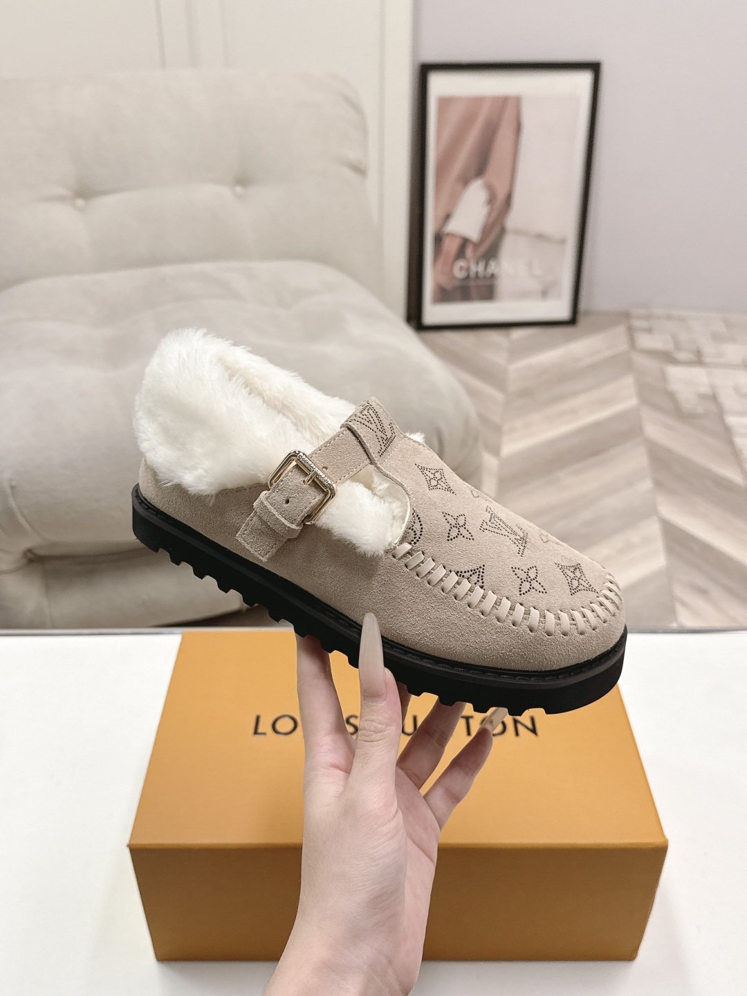 Louis Vuitton Beige Fuzzy Trim Monogram Loafers