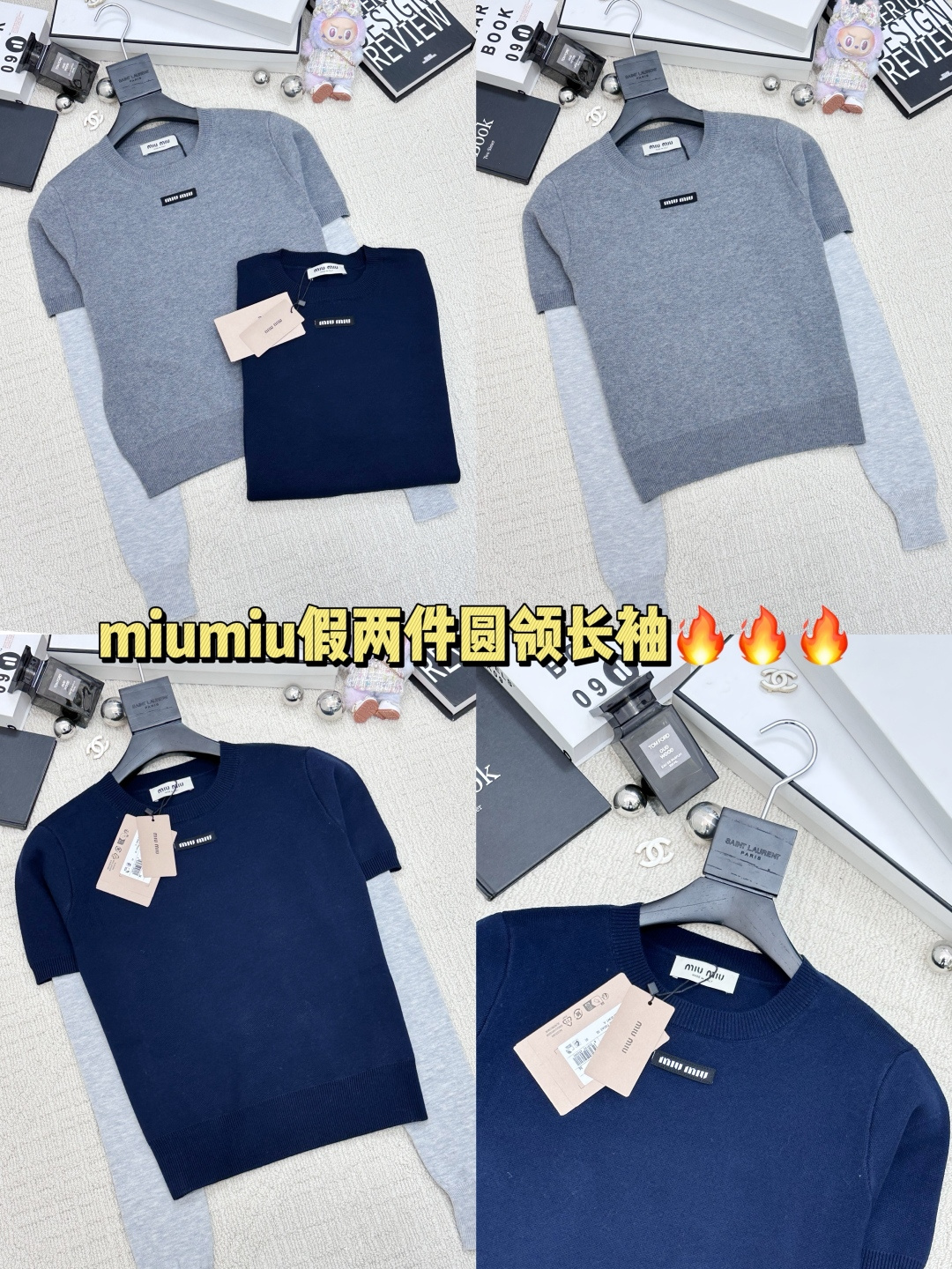 𝐌𝐢𝐮𝐦𝐢𝐮 𝟐𝟓秋冬新款 假两件圆领长袖款 logo图案修饰点缀 系列款出货 上身高级氛围感🈵️🈵️ 