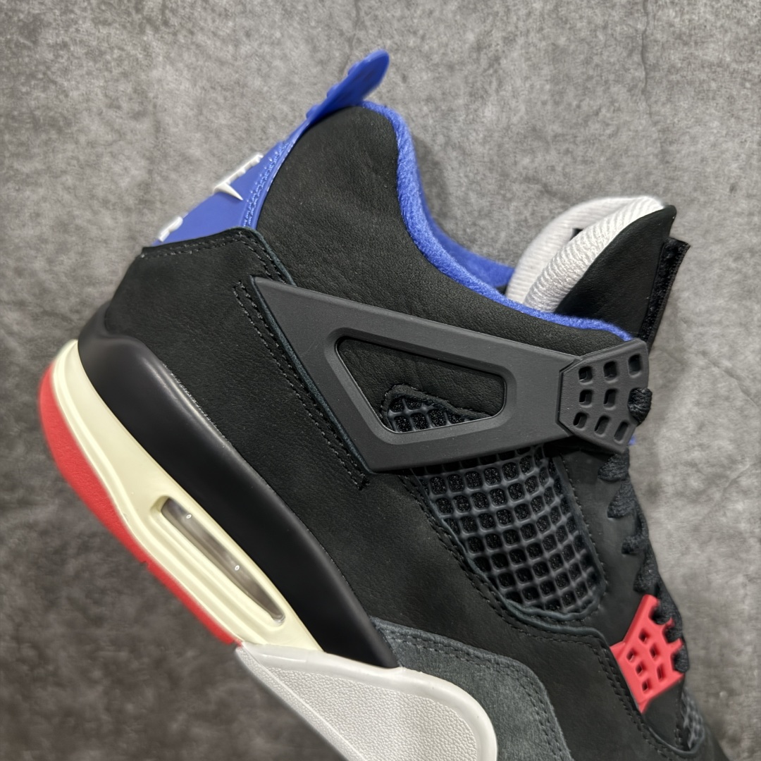 图片[7]-【老DT纯原】 Air Jordan 4 Retro \”Lase\” AJ4 乔4黑灰蓝配色 FV5029-003n 全套原纸板楦头开发 原厂特供皮料加持 确保原汁原味 完美呈现四代版型 一比一鞋头弧度高度鞋身弧度 数据细节工艺流程均保持原鞋一致 原厂TPU网格鞋带扣 正确内里网布 菱角分明不变形无多余毛边 柔软性质感一致于原鞋 市场唯一原厂鞋扣模具 背面可见隐藏注塑口 原厂织唛标 原厂飞人电绣工艺 尾指中部跳三针 独家绑鞋带手法 印刷中底布 四线拉帮 米色美纹纸贴合固定 进口港宝加持 后跟自然饱满 全鞋荧光划线卡点 追求极致完美 每一双都是工艺品 多重QC质检 超越公司货的品控标准 实实在在的免检产品 rn采用经典的黑色、蓝色和中性灰色为配色方案，以白色皮革鞋面，鞋头采用中性灰色覆面，鞋眼、中底、鞋跟片和鞋舌上的Jumpman标志均采用军蓝色撞色设计，最后以黑色、蓝色和灰色橡胶外底，鞋跟搭配白色“Nike Air”Logo完善设计。r 尺码：40 40.5 41 42 42.5 43 44 44.5 45 46 47.5 48.5  编码：X1450480-莆田鞋批发中心