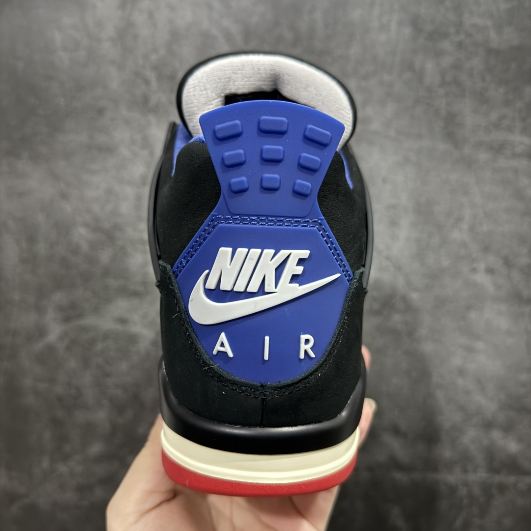 图片[4]-【老DT纯原】 Air Jordan 4 Retro \”Lase\” AJ4 乔4黑灰蓝配色 FV5029-003n 全套原纸板楦头开发 原厂特供皮料加持 确保原汁原味 完美呈现四代版型 一比一鞋头弧度高度鞋身弧度 数据细节工艺流程均保持原鞋一致 原厂TPU网格鞋带扣 正确内里网布 菱角分明不变形无多余毛边 柔软性质感一致于原鞋 市场唯一原厂鞋扣模具 背面可见隐藏注塑口 原厂织唛标 原厂飞人电绣工艺 尾指中部跳三针 独家绑鞋带手法 印刷中底布 四线拉帮 米色美纹纸贴合固定 进口港宝加持 后跟自然饱满 全鞋荧光划线卡点 追求极致完美 每一双都是工艺品 多重QC质检 超越公司货的品控标准 实实在在的免检产品 rn采用经典的黑色、蓝色和中性灰色为配色方案，以白色皮革鞋面，鞋头采用中性灰色覆面，鞋眼、中底、鞋跟片和鞋舌上的Jumpman标志均采用军蓝色撞色设计，最后以黑色、蓝色和灰色橡胶外底，鞋跟搭配白色“Nike Air”Logo完善设计。r 尺码：40 40.5 41 42 42.5 43 44 44.5 45 46 47.5 48.5  编码：X1450480-莆田鞋批发中心