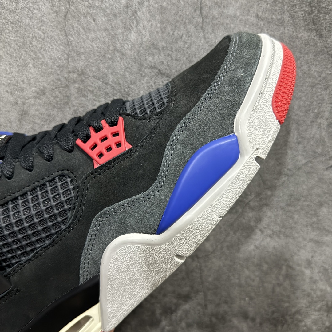 图片[6]-【老DT纯原】 Air Jordan 4 Retro \”Lase\” AJ4 乔4黑灰蓝配色 FV5029-003n 全套原纸板楦头开发 原厂特供皮料加持 确保原汁原味 完美呈现四代版型 一比一鞋头弧度高度鞋身弧度 数据细节工艺流程均保持原鞋一致 原厂TPU网格鞋带扣 正确内里网布 菱角分明不变形无多余毛边 柔软性质感一致于原鞋 市场唯一原厂鞋扣模具 背面可见隐藏注塑口 原厂织唛标 原厂飞人电绣工艺 尾指中部跳三针 独家绑鞋带手法 印刷中底布 四线拉帮 米色美纹纸贴合固定 进口港宝加持 后跟自然饱满 全鞋荧光划线卡点 追求极致完美 每一双都是工艺品 多重QC质检 超越公司货的品控标准 实实在在的免检产品 rn采用经典的黑色、蓝色和中性灰色为配色方案，以白色皮革鞋面，鞋头采用中性灰色覆面，鞋眼、中底、鞋跟片和鞋舌上的Jumpman标志均采用军蓝色撞色设计，最后以黑色、蓝色和灰色橡胶外底，鞋跟搭配白色“Nike Air”Logo完善设计。r 尺码：40 40.5 41 42 42.5 43 44 44.5 45 46 47.5 48.5  编码：X1450480-莆田鞋批发中心