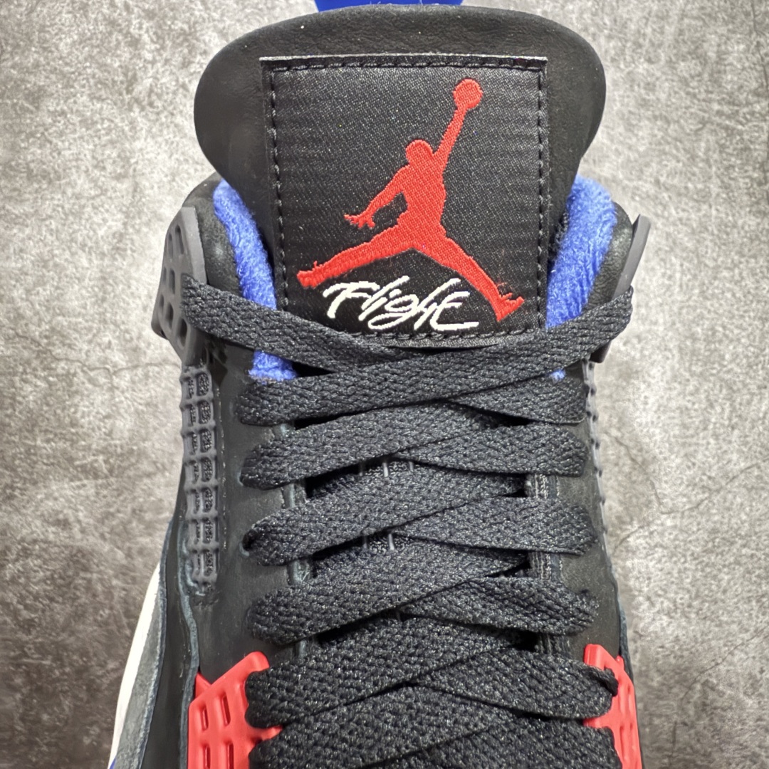 图片[7]-【老DT纯原】 Air Jordan 4 Retro \”Lase\” AJ4 乔4黑灰蓝配色 FV5029-003n 全套原纸板楦头开发 原厂特供皮料加持 确保原汁原味 完美呈现四代版型 一比一鞋头弧度高度鞋身弧度 数据细节工艺流程均保持原鞋一致 原厂TPU网格鞋带扣 正确内里网布 菱角分明不变形无多余毛边 柔软性质感一致于原鞋 市场唯一原厂鞋扣模具 背面可见隐藏注塑口 原厂织唛标 原厂飞人电绣工艺 尾指中部跳三针 独家绑鞋带手法 印刷中底布 四线拉帮 米色美纹纸贴合固定 进口港宝加持 后跟自然饱满 全鞋荧光划线卡点 追求极致完美 每一双都是工艺品 多重QC质检 超越公司货的品控标准 实实在在的免检产品 rn采用经典的黑色、蓝色和中性灰色为配色方案，以白色皮革鞋面，鞋头采用中性灰色覆面，鞋眼、中底、鞋跟片和鞋舌上的Jumpman标志均采用军蓝色撞色设计，最后以黑色、蓝色和灰色橡胶外底，鞋跟搭配白色“Nike Air”Logo完善设计。r 尺码：40 40.5 41 42 42.5 43 44 44.5 45 46 47.5 48.5  编码：X1450480-莆田鞋批发中心