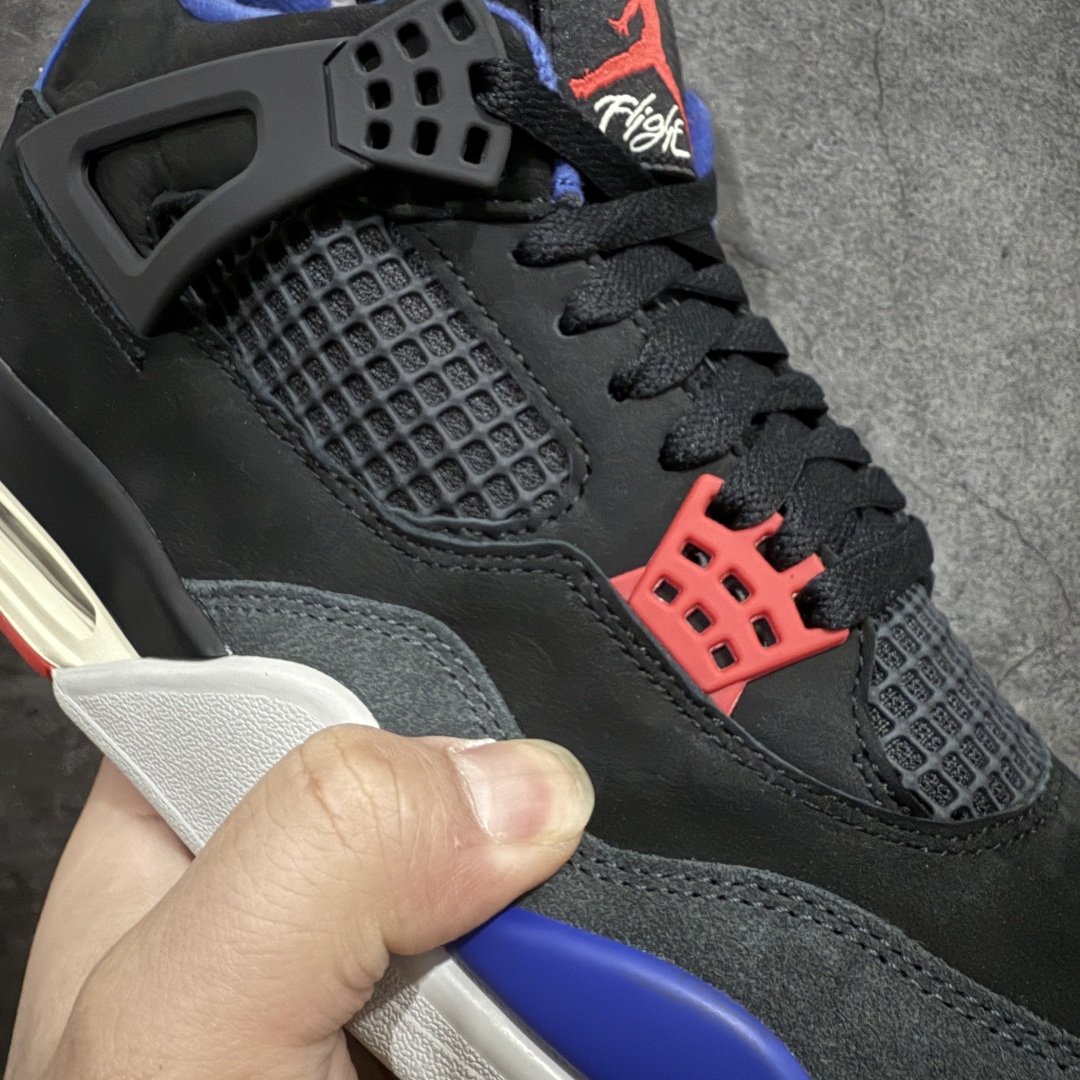 图片[5]-【老DT纯原】 Air Jordan 4 Retro \”Lase\” AJ4 乔4黑灰蓝配色 FV5029-003n 全套原纸板楦头开发 原厂特供皮料加持 确保原汁原味 完美呈现四代版型 一比一鞋头弧度高度鞋身弧度 数据细节工艺流程均保持原鞋一致 原厂TPU网格鞋带扣 正确内里网布 菱角分明不变形无多余毛边 柔软性质感一致于原鞋 市场唯一原厂鞋扣模具 背面可见隐藏注塑口 原厂织唛标 原厂飞人电绣工艺 尾指中部跳三针 独家绑鞋带手法 印刷中底布 四线拉帮 米色美纹纸贴合固定 进口港宝加持 后跟自然饱满 全鞋荧光划线卡点 追求极致完美 每一双都是工艺品 多重QC质检 超越公司货的品控标准 实实在在的免检产品 rn采用经典的黑色、蓝色和中性灰色为配色方案，以白色皮革鞋面，鞋头采用中性灰色覆面，鞋眼、中底、鞋跟片和鞋舌上的Jumpman标志均采用军蓝色撞色设计，最后以黑色、蓝色和灰色橡胶外底，鞋跟搭配白色“Nike Air”Logo完善设计。r 尺码：40 40.5 41 42 42.5 43 44 44.5 45 46 47.5 48.5  编码：X1450480-莆田鞋批发中心