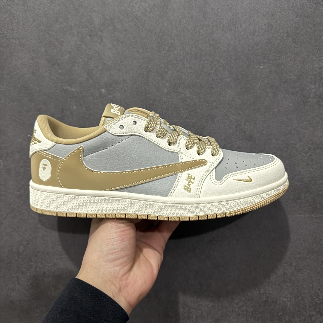 【定制版】Travis Scott x Fragment Design x Air Jordan 1 Low OG SP AJ1 乔1 Bape联名 米灰卡其双拼 低帮文化休闲板鞋 BB6511-623