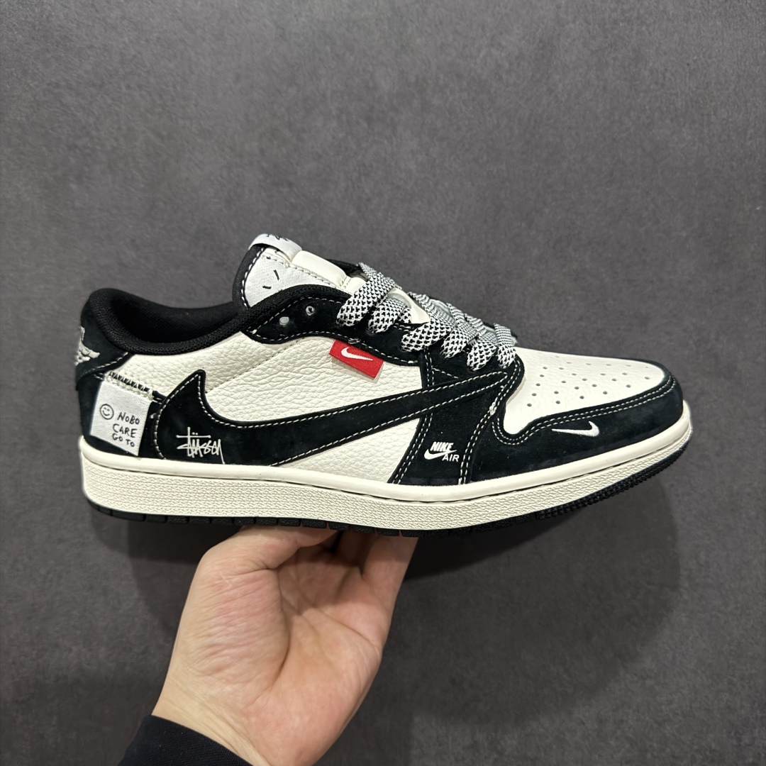 280  【定制版】Travis Scott x Fragment Design x Air Jordan 1 Low OG SP AJ1 乔1 斯图西联名 黑白织布 低帮文化休闲板鞋 YX5066-299
