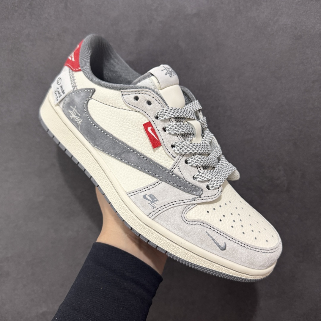280 定制版Travis Scott x Fragment Design x Air Jordan 1 Low SP AJ1 乔1 斯图西联名 灰红织布 低帮文化休闲板鞋 YX5066-300
