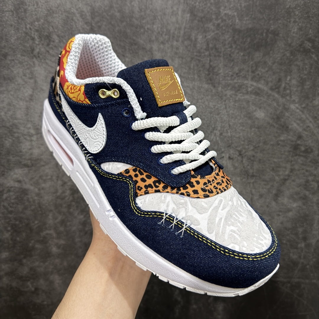 Nike Air Max 1 Premium ”Denim Leopard” 网布织物皮革 舒适日常 减震防滑 低帮 生活休闲鞋 男款 白蓝 FJ4452-432