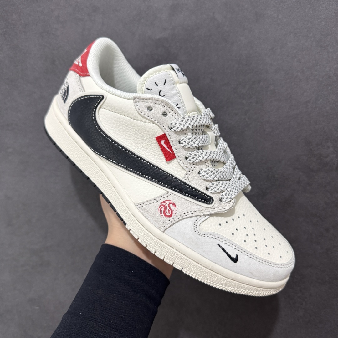 280 定制版Travis Scott x Fragment Design x Air Jordan 1 Low SP AJ1 北面联名 双拼黑勾 低帮文化休闲板鞋 YX5066-308