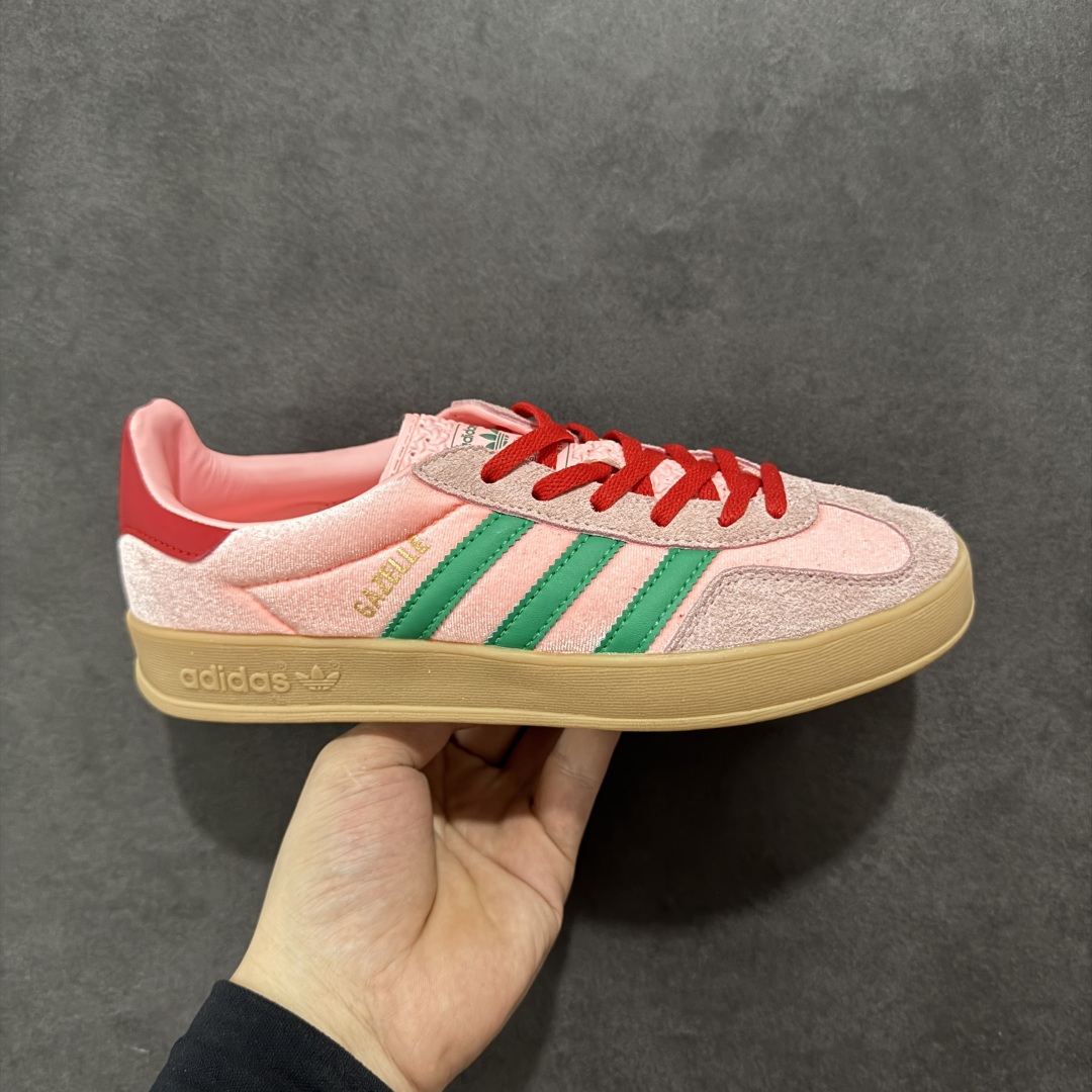 190 阿迪达斯 Adidas Originals Gazelle Indoor W 樱花粉绿丝绒三叶草休闲防滑耐磨低帮板鞋 JI2713