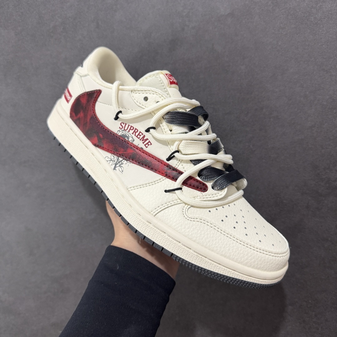 【定制版】Travis Scott x Fragment Design x Air Jordan 1 Low OG SP AJ1 Supreme联名 红黑勾抽绳 低帮文化休闲板鞋 DM6868-109
