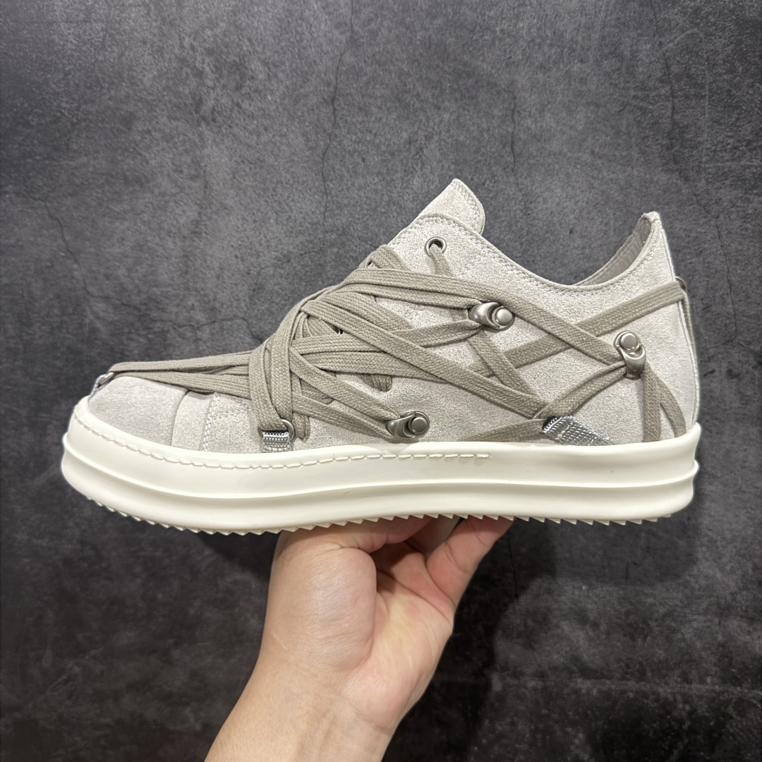 【定制版】Rick Owens Drkshdw 瑞克·欧文斯低帮皮面时尚运动板鞋 绑带浅灰