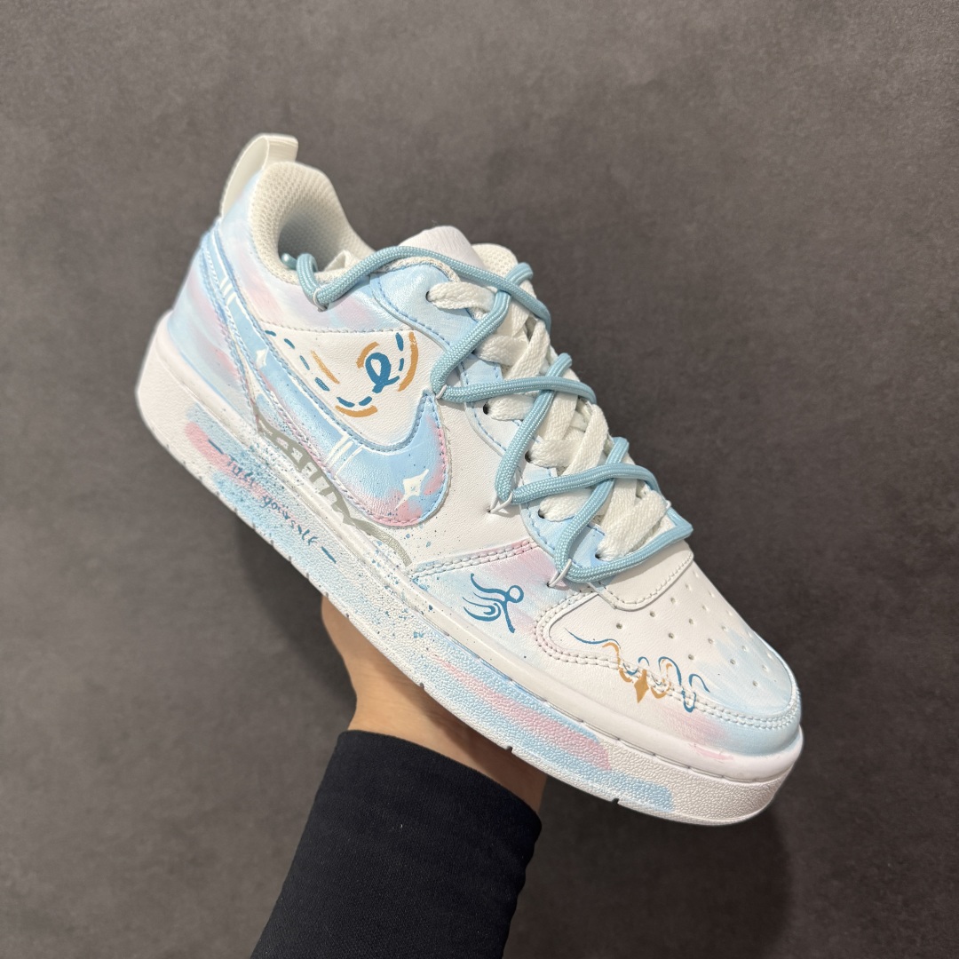【定制球鞋]Nike Court Borough “蓝影逸姿”解构手绘 潮流简约低帮板鞋 BQ5448-215
