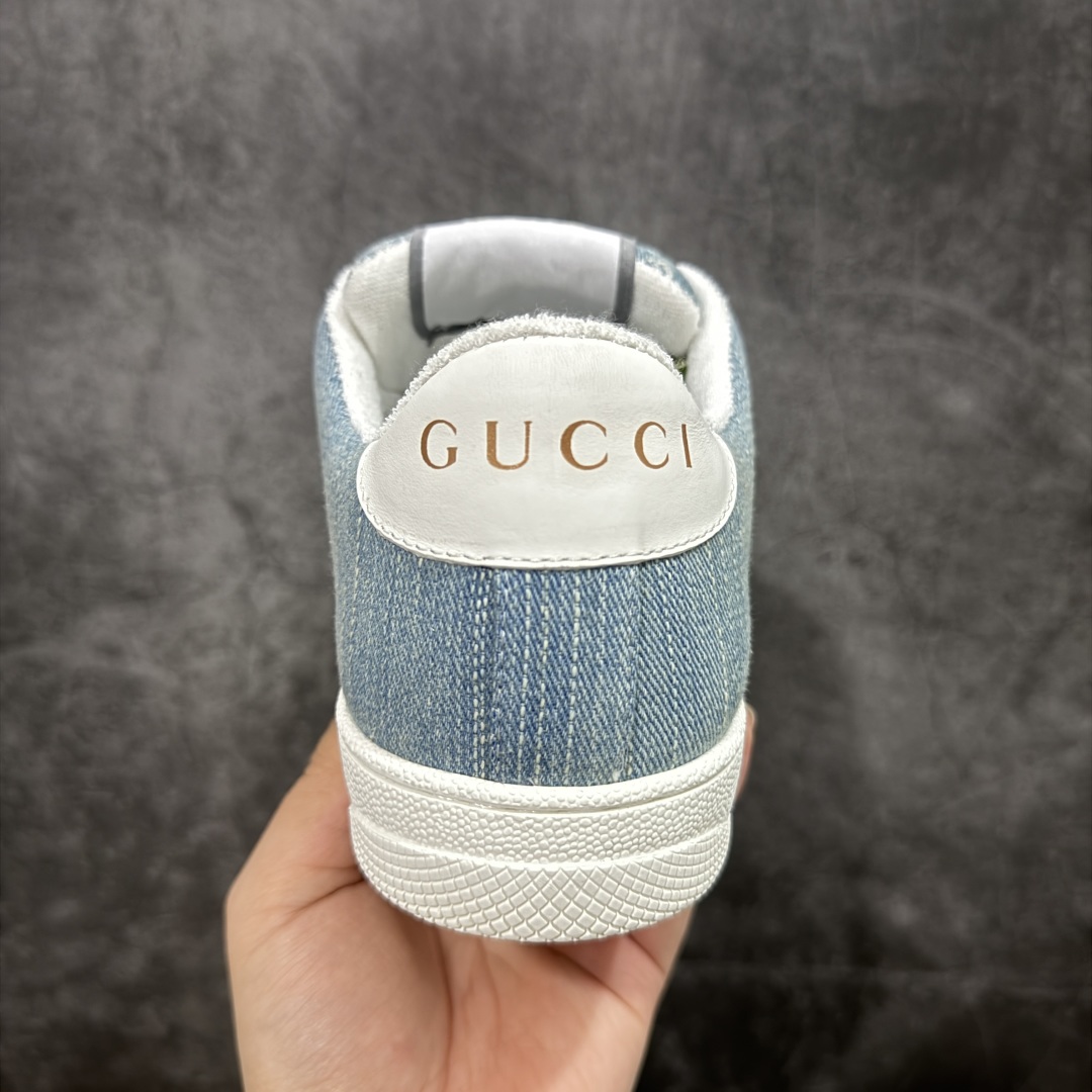 图片[4]-【广东纯原版】Gucci做旧小脏鞋 蓝白牛仔 ZP开发 原版开模 金属双G水晶圆柱形标 Gucci原版纹织带 真正水洗布标 鞋面擦色牛皮拼接经典双G布面料，皮面切口全油边封口工艺，原版毛巾布里细腻柔软更舒适透气，垫脚乳胶注塑一体，私模钢印，双色原版TPU大底(下层宽，上层窄) 配进口原版四边封干燥剂、原版18股鞋带，绿色盒子，与专柜配套包装一致 尺码：39-45-选品中心