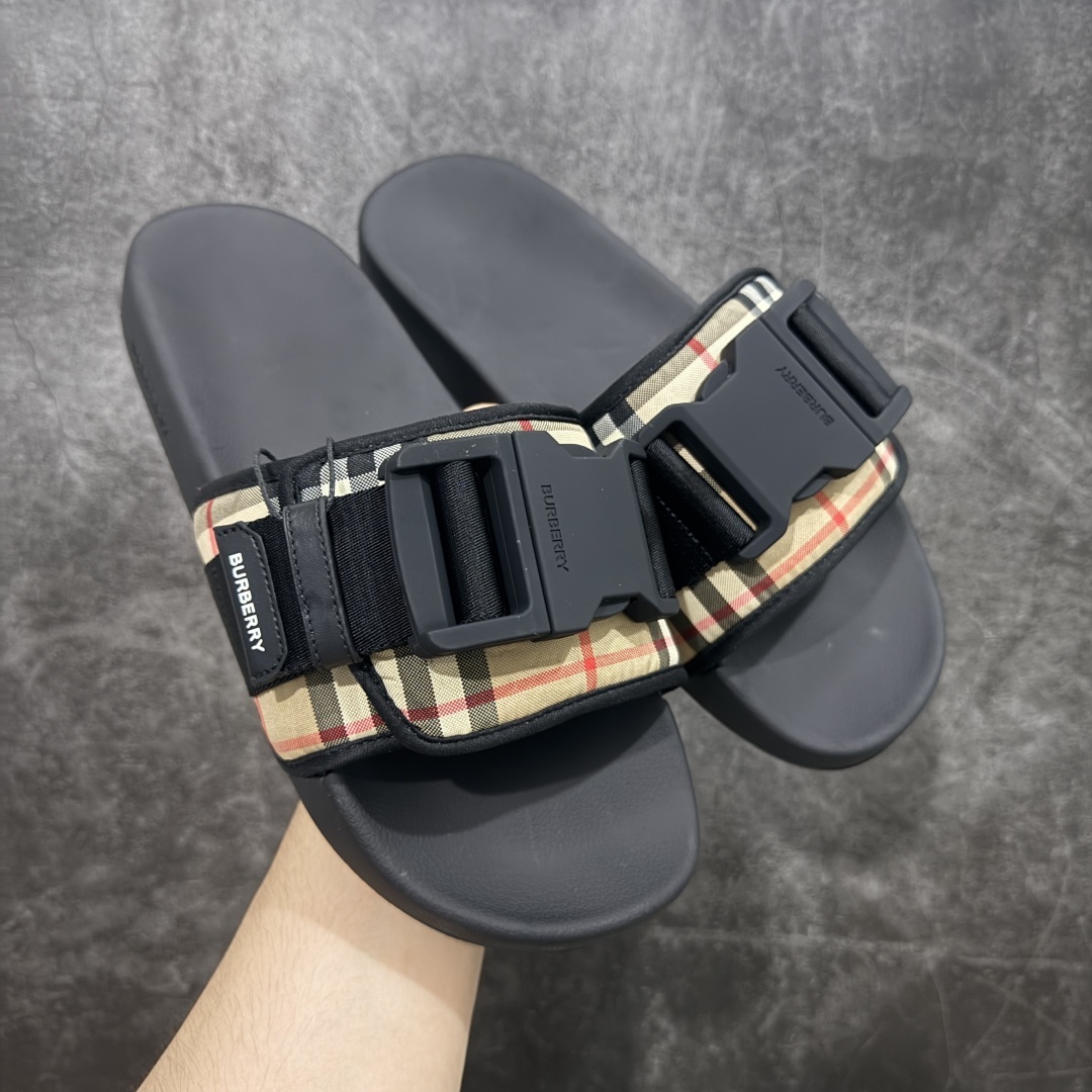 【莞顶纯原】Burberry博柏利 Vintage BBR 格纹搭扣束带一字拖鞋 男款 米色
今年