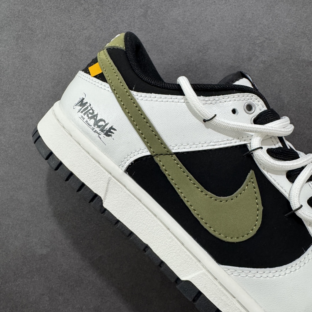图片[6]-【YC纯原】Nike Dunk Low 寻迹使者 黑白 当定制画笔蘸取反转勇气，白为画布，黑作序章，鞋侧橄榄绿Swoosh刺破常规轨迹。鞋侧破裂风「MIRACLE」是打破常规的宣言，后跟橙标如黑夜升起的信号灯，点燃探索的野心。踏遍千篇一律，无主之地，皆为疆域。 货号： WG0414-024 尺码： 40 40.5 41 42 42.5 43 44 44.5 45 46-选品中心
