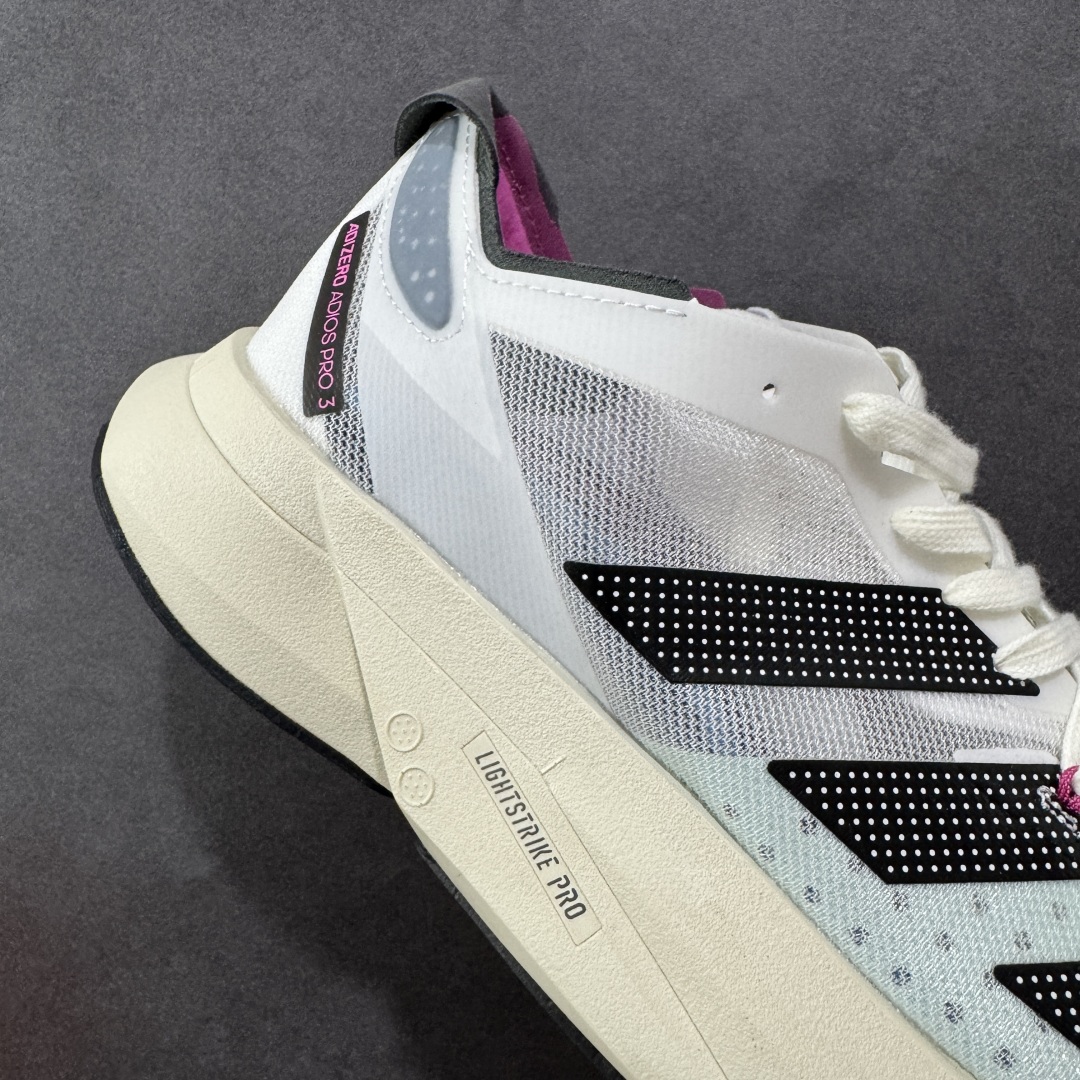 图片[6]-【公司级】AD Adizero Adios Pro 3 马拉松竞速专业跑鞋 针织网面非常轻薄 纤维间的缝隙很大 可以保证跑步时的透气、排汗效果 鞋舌直接与两侧的内衬和鞋底连接在一起 在跑步过程中不会被鞋舌的左右移动所困扰 在标准鞋带孔的基础上再拓宽一组鞋带孔 适合不同脚型的需求 突破性 EnergyRods 技术，有助于跑者实现更好的成绩 中底独特的LIGHTSTRIKE PRO泡棉材质 微弹感觉在跑步过程中给予了良好的支撑体验 对于顶级精英和高水平进阶跑者来说 ADIOS PRO是一双值得信赖的竞速比赛用鞋 货号：GV7067 尺码：36-40-选品中心