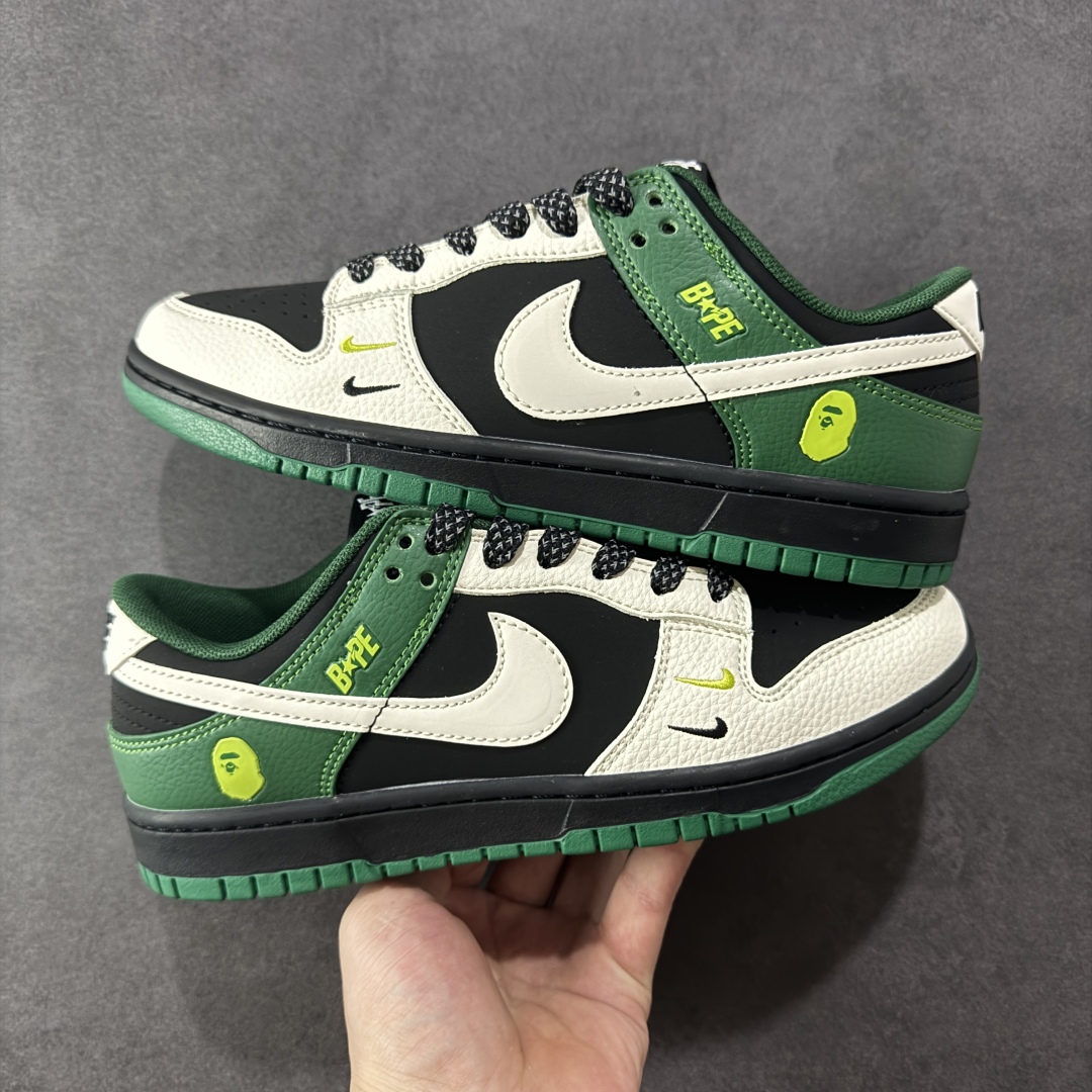  
【定制版】Nike SB Dunk Low “Bape联名——米黑绿双勾” 高端定制 低帮休闲板鞋 