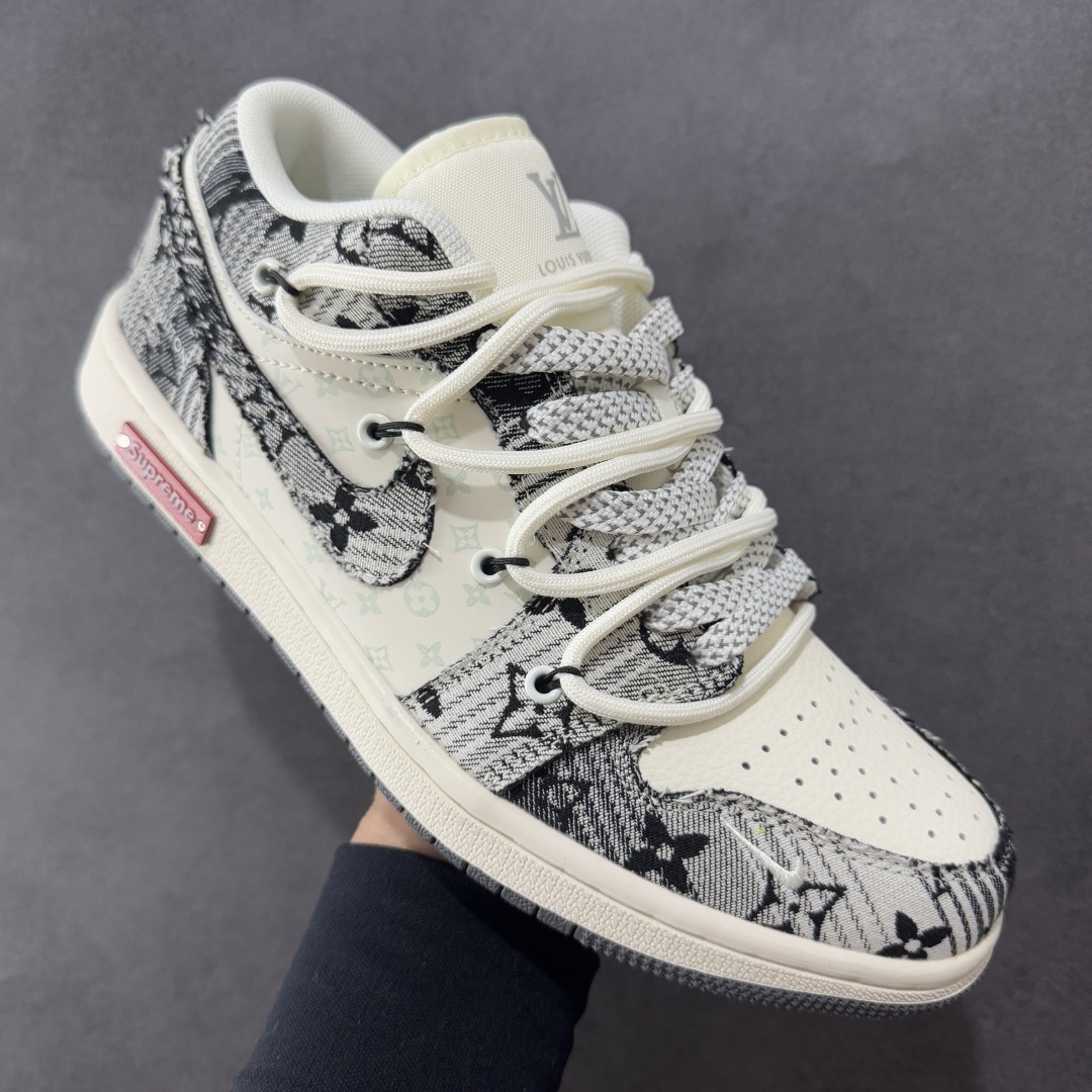定制版Air Jordan 1 Low AJ1 乔1 LV联名 灰花布抽绳 高端定制 低帮复古篮球鞋  YX5066-372