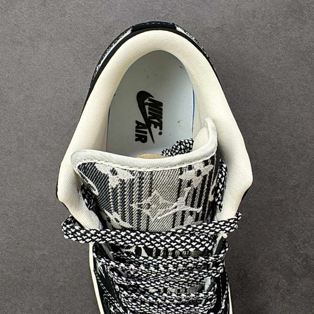 图片[7]-【定制版】Louis Vuitton x Air Jordan 1 Low 路易威登LV x AJ1 低帮 黑白牛仔 AJ1 乔丹1代 aj1 乔1 低邦 黑白牛仔 乔丹篮球鞋系列 鞋身整体以黑白牛仔为底搭配黑色框架覆盖层，鞋身两侧Swoosh Logo采用黑色牛仔点缀，鞋舌上Jumpman Logo辅以白色刺绣呈现，鞋头处LV字样白色妆点，后跟Wings Logo采用白色缝线呈现，后跟印有Louis Vuittonq字样，彰显联名身份；最后以米白色中底搭配黑色橡胶外底完善整体设计收尾。 货号：LR2025-009 尺码：36 36.5 37.5 38 38.5 39 40 40.5 41 42 42.5 43 44 44.5 45 编码：QFB310320-选品中心