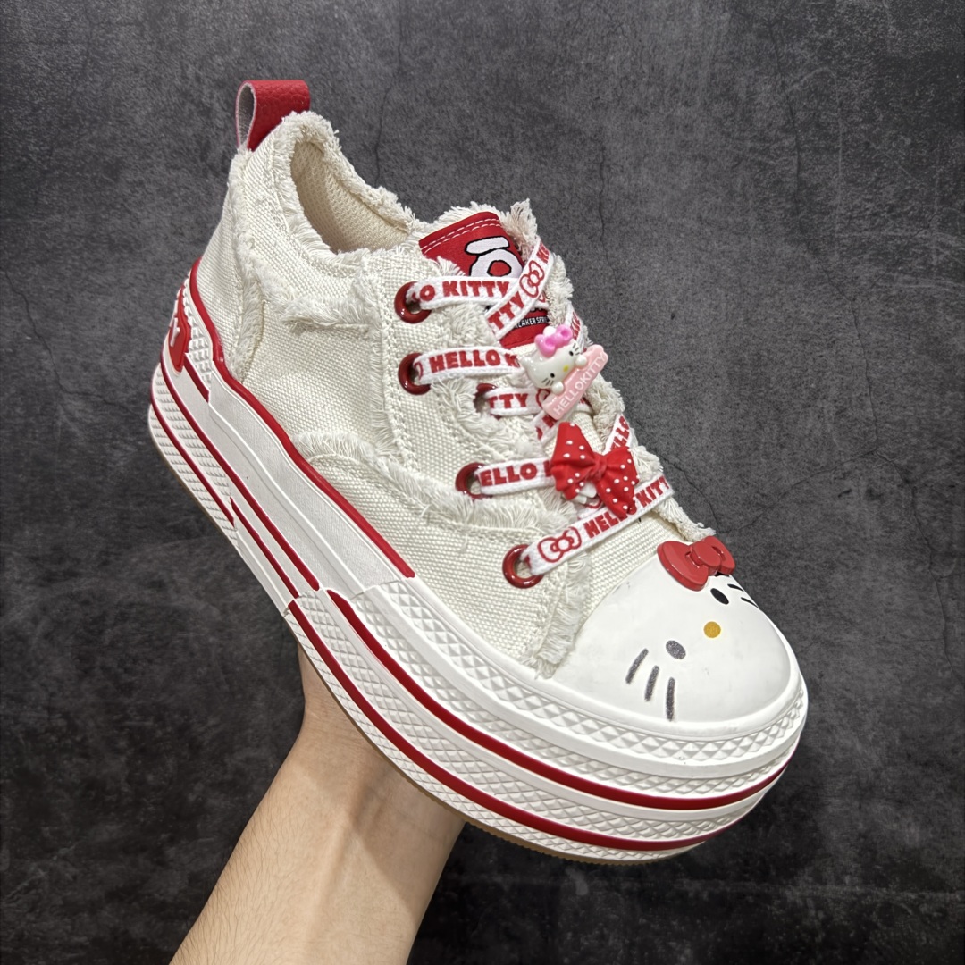 图片[3]-【广东纯原版本】Sanrio/三丽鸥 x OLD ORDER 联名限定 凯蒂粉蓝 6.5CM 厚底增高帆布鞋 马卡龙 鞋身满印的Hello Kitty凯蒂猫图案真的好可爱💗 粉蓝色系的毛边设计满满小香风氛围感 脚感蛮舒适的不磨脚，搭配清新干净 小个子也能拥有大长腿 出街穿这双回头率拉满了🥰 氛围感就够了 日常穿搭也很出彩啦 货号：O2320805 尺码 35 36 37 38 39 40-选品中心