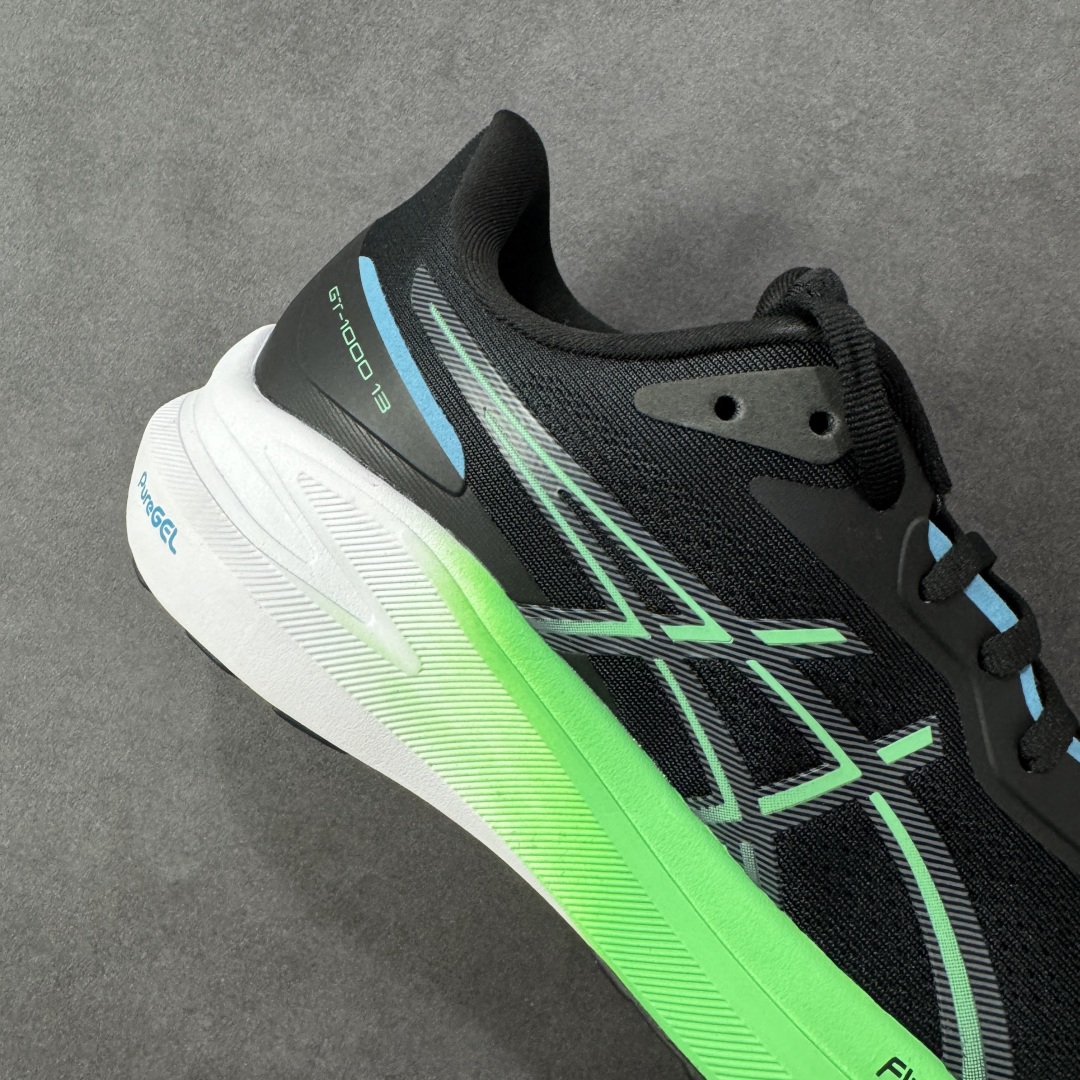 图片[6]-【公司级】Asics GT-1000 13 阿斯克斯 低帮 黑绿色 防滑耐磨舒适稳定低邦休闲跑步鞋 采用网眼鞋面，提供良好透气性。 中底处的Puregel科技与Flytefoam缓冲层可減轻鞋身的重量，带来更加柔软的触地脚感，PuergelL胶位于鞋跟底部，柔软度比标准GEL胶高67%，Flyteoama中底科技，具有良好的缓震性， 同时通过添加有机纤维材料，使得轻量性及耐用性得以实现；3D引导系统提供优秀的稳定性， 在磨损较多的部位配有AHAR+高耐磨橡胶，保持轻量性和抓地力的同时，发挥出更强耐磨性，提高跑鞋耐用度。 货号：1011B858-001 尺码：36-46带半码 编码：LNHB230240-选品中心