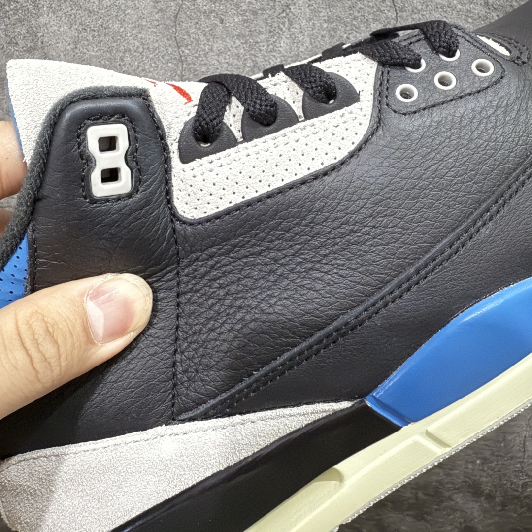 图片[3]-【纯原JS版本】 Air Jordan AJ3 Retro\’\’Rare Air\” AJ3 乔3小反勾 黑灰蓝 IB8967 004 全套原纸板楦头开发 原厂大底磨具加持立体防滑纹理 原装可视Air Sole气垫 原汁原味最完美的三代版型 唯一正确鞋头趴度弧度高度鞋身腰线 原厂TPU彩虹扎染后跟饰片 正确内里反口里网布 皮料菱角分明不变形无多余毛边 广东原厂zp同批次手工大底描漆拉丝 市场唯一原厂鞋扣模具 原厂织唛标 原厂飞人电绣工艺 尾指中部跳三针 独家绑鞋带手法 印刷中底布 四线拉帮 米色美纹纸贴合固定 进口港宝加持 后跟自然饱满 全鞋荧光划线卡点 追求极致完美 每一双都是工艺品 多重QC质检 超越公司货的品控标准 实实在在的免检产品 尺码： 39 40 40.5 41 42 42.5 43 44 44.5 45 46 47.5 48.5-选品中心