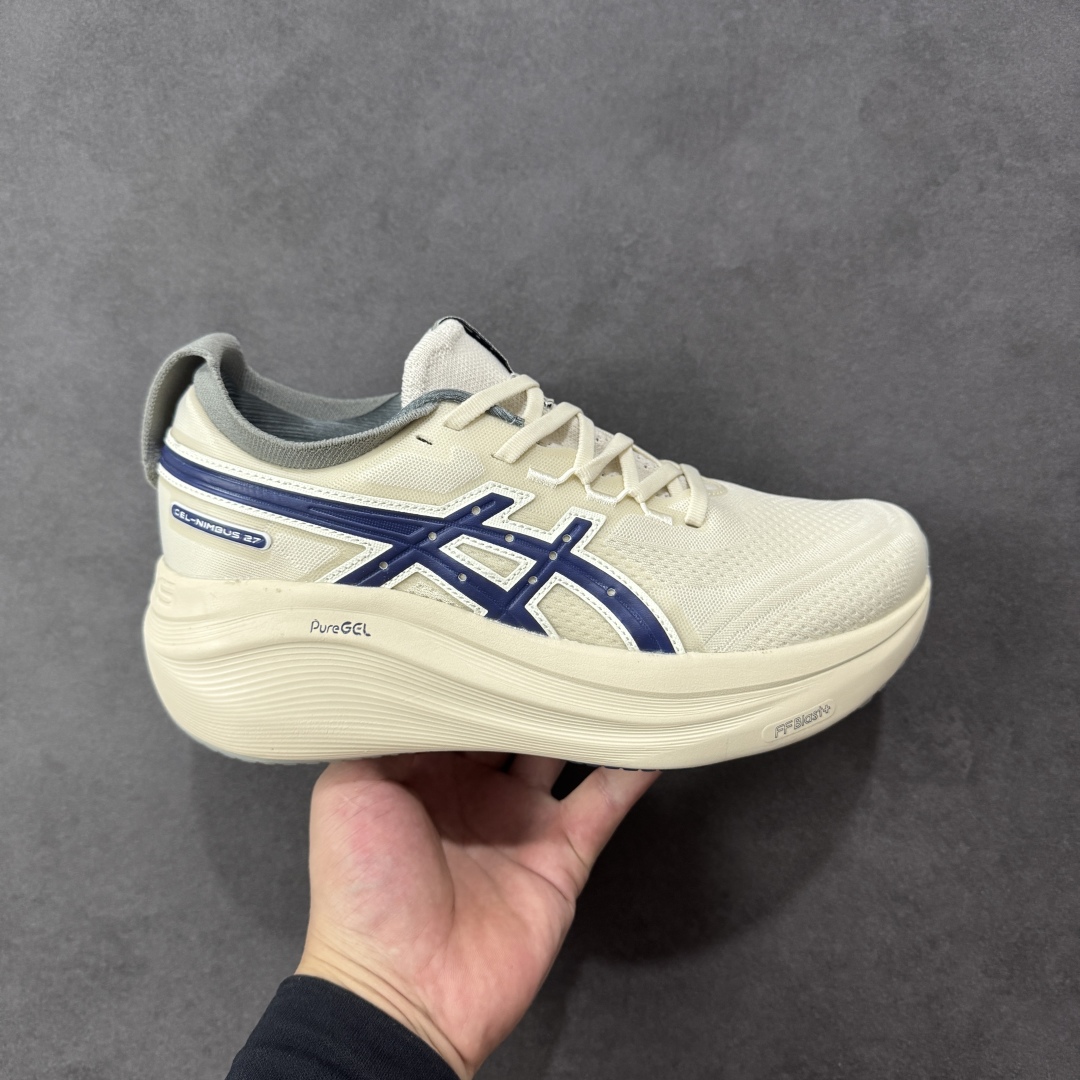 【公司级】Asics GEL-NIMBUS 27 亚瑟士夏季网面跑步鞋 鞋面采用双层提花网面设计,提高包裹性和透气性,后跟搭载稳定系统科技T-GEL提升整体支撑力和结构感,减少对身体带来的冲击负荷,创新中底至轻回弹 货号:1011C028-200 尺码:36-46带半码 编码:FSB240250-选品中心