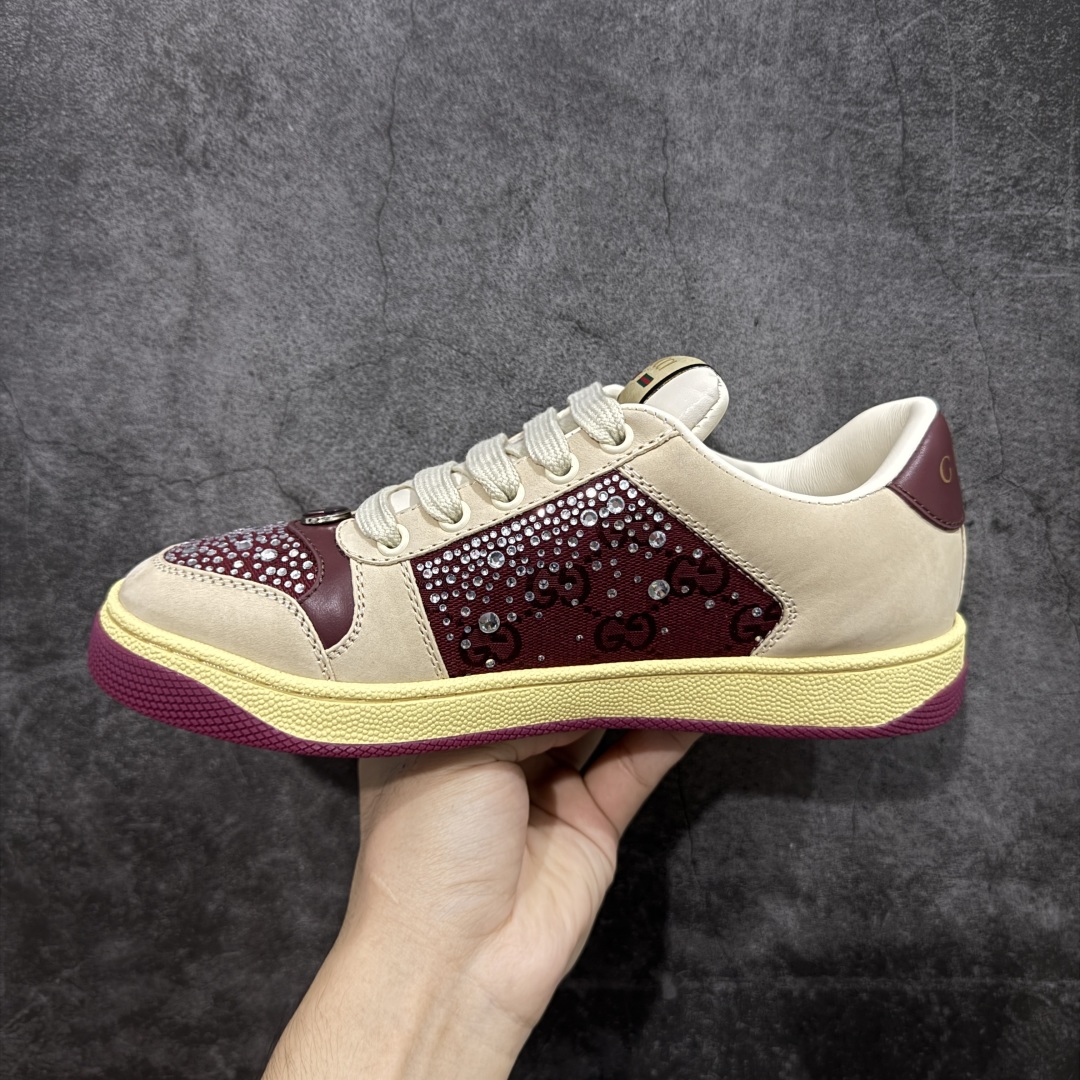 图片[2]-【广东纯原版】Gucci做旧小脏鞋 老花钻款 ZP开发 原版开模 金属双G水晶圆柱形标 Gucci原版纹织带 真正水洗布标 鞋面擦色牛皮拼接经典双G布面料，皮面切口全油边封口工艺，原版毛巾布里细腻柔软更舒适透气，垫脚乳胶注塑一体，私模钢印，双色原版TPU大底(下层宽，上层窄) 配进口原版四边封干燥剂、原版18股鞋带，绿色盒子，与专柜配套包装一致 尺码：35-39-选品中心