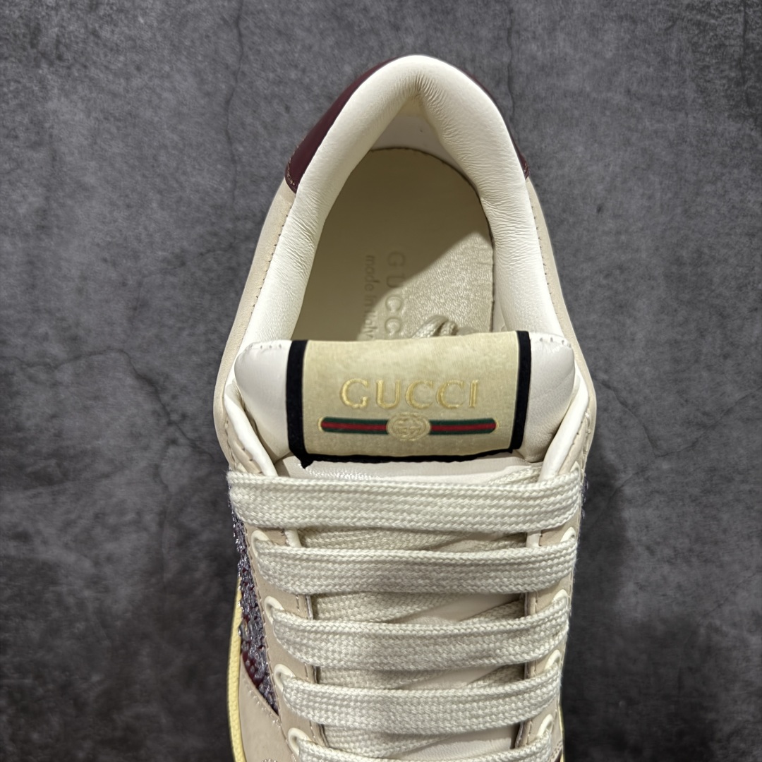 图片[8]-【广东纯原版】Gucci做旧小脏鞋 老花钻款 ZP开发 原版开模 金属双G水晶圆柱形标 Gucci原版纹织带 真正水洗布标 鞋面擦色牛皮拼接经典双G布面料，皮面切口全油边封口工艺，原版毛巾布里细腻柔软更舒适透气，垫脚乳胶注塑一体，私模钢印，双色原版TPU大底(下层宽，上层窄) 配进口原版四边封干燥剂、原版18股鞋带，绿色盒子，与专柜配套包装一致 尺码：35-39-选品中心