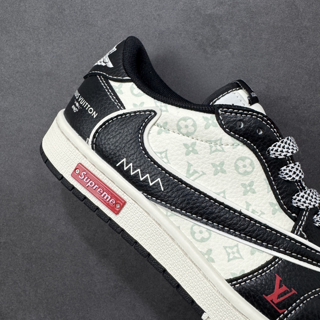 图片[6]-【定制版】Travis Scott x Fragment Design x Air Jordan 1 Low OG SP AJ1 乔1LV联名 双拼黑荔纹 低帮文化休闲板鞋 DZ5899 CX5050-Y31  #多方联名合作融合了Travis Scott 独特的音乐风格，藤原浩个性的设计风格以及Jordan品牌的经典元素 使其成为一双具有独特身份和价值的鞋子 清新而立体的外观加上联名标识更突出了其独特身份 这种配色方案显示出活力和时尚感 在视觉上引人注目 鞋身的质感和细腻的细节处理使其显得高端而格调十足 这款“倒钩”联名是设计与创意完美结合 融合多方的个性风格是一款备受瞩目的潮流鞋款  尺码：36 36.5 37.5 38 38.5 39 40 40.5 41 42 42.5 43 44 44.5 45 编码：HXSB330340-选品中心
