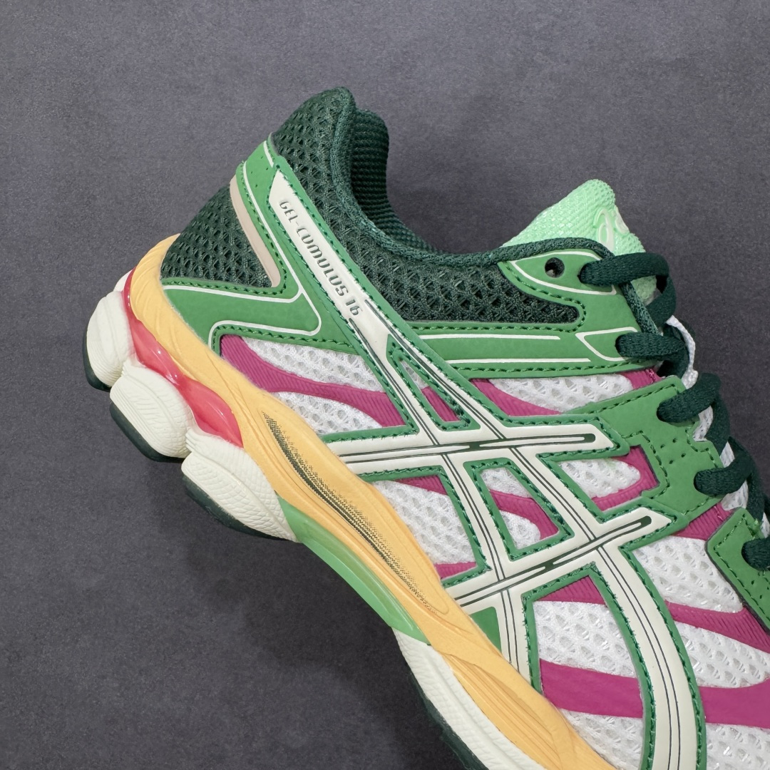 图片[6]-【公司级】Asics Gel-Cumulus 16 白绿粉 亚瑟士复古时尚缓震运动跑步鞋 鞋面采用无缝线工程网眼设计，全面升级的FF BLAST™ PLUS泡棉，更轻、更弹、更耐久。相比前代更轻盈鞋底采用了轻质发泡材料,并在后跟和前掌处采用了亚瑟士核心科技GEL缓震胶,赋予鞋款强大的缓冲性能,提供了更柔软舒适的穿着体验。AHAR® PLUS超耐磨橡胶大底，延长跑鞋使用寿命。 货号：1203A763-100 尺码：36 37 37.5 38 39 39.5 40 40.5 41.5 42 42.5 43.5 44 45 编码：AMB260270-选品中心