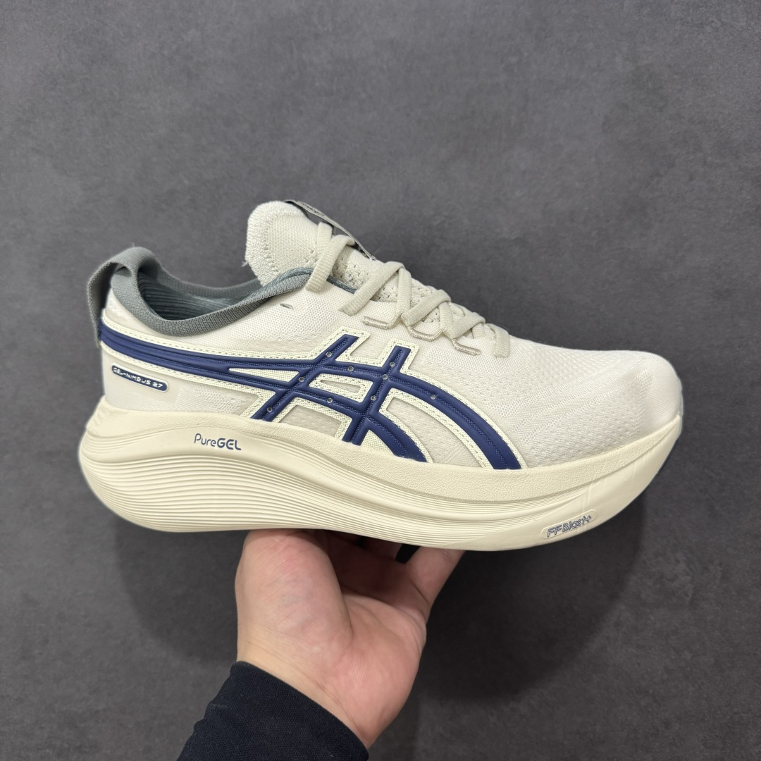 【公司级】平台订单 Asics Gel-Nimbus 27 亚瑟士厚底减震跑步鞋 鞋面采用双层提花网面设计,提高包裹性和透气性,后跟搭载稳定系统科技T-GEL提升整体支撑力和结构感,减少对身体带来的冲击负荷,创新中底至轻回弹 真标带半码 尺码:36-47码 编码:GQB240250-选品中心