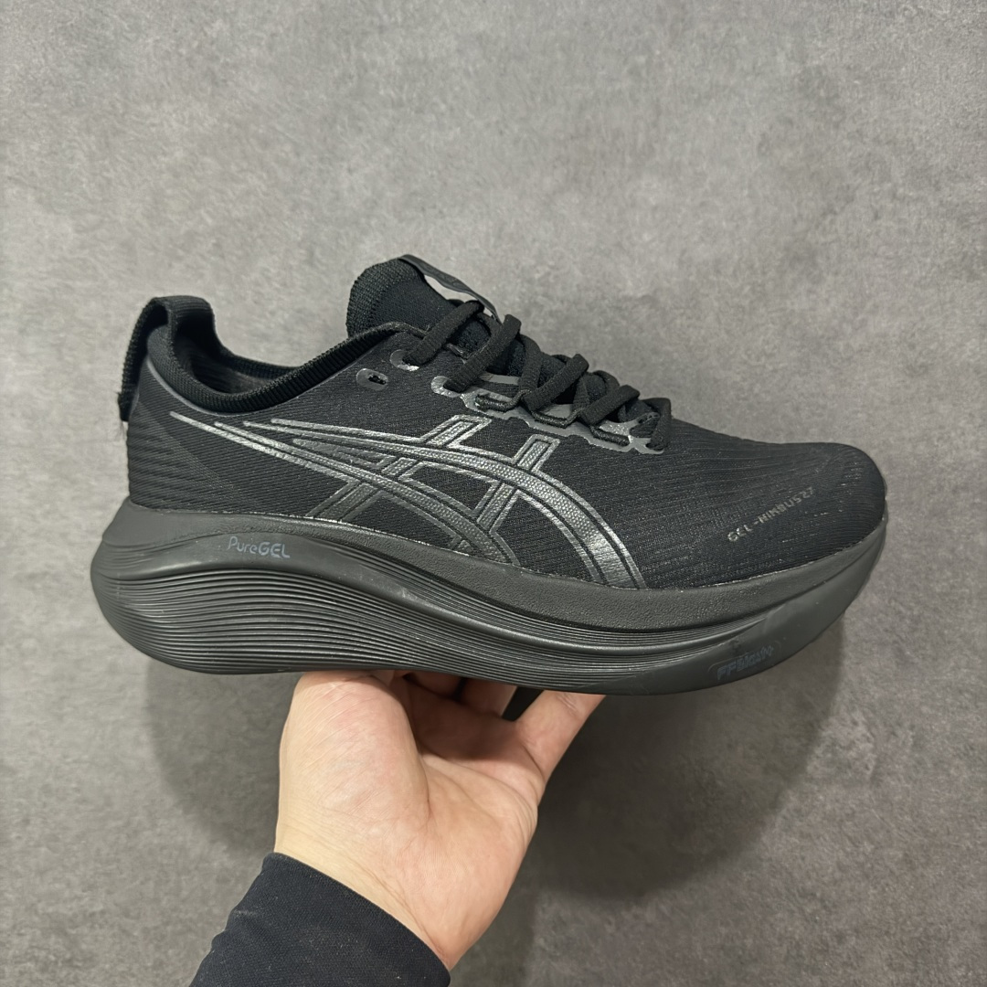 【公司级】平台订单 Asics Gel-Nimbus 27 亚瑟士厚底减震跑步鞋 鞋面采用双层提花网面设计,提高包裹性和透气性,后跟搭载稳定系统科技T-GEL提升整体支撑力和结构感,减少对身体带来的冲击负荷,创新中底至轻回弹 真标带半码 尺码:36-47码 编码:GQB240250-选品中心