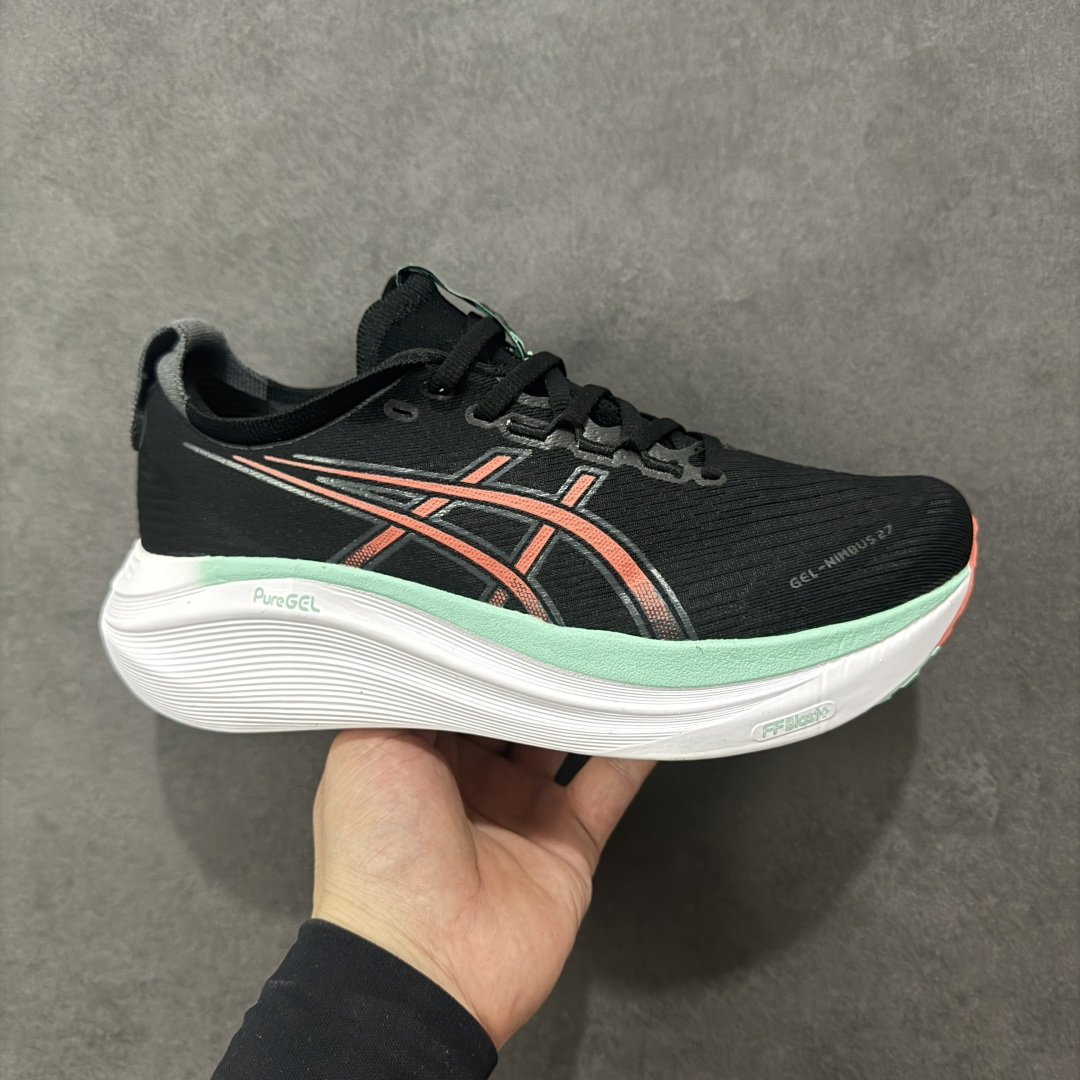 【公司级】平台订单 Asics Gel-Nimbus 27 亚瑟士厚底减震跑步鞋 鞋面采用双层提花网面设计,提高包裹性和透气性,后跟搭载稳定系统科技T-GEL提升整体支撑力和结构感,减少对身体带来的冲击负荷,创新中底至轻回弹 真标带半码 尺码:36-47码 编码:GQB240250-选品中心