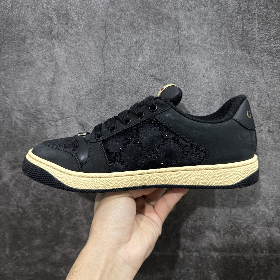 图片[2]-【广东纯原版】Gucci做旧小脏鞋 黑钻 ZP开发 原版开模 金属双G水晶圆柱形标 Gucci原版纹织带 真正水洗布标 鞋面擦色牛皮拼接经典双G布面料，皮面切口全油边封口工艺，原版毛巾布里细腻柔软更舒适透气，垫脚乳胶注塑一体，私模钢印，双色原版TPU大底(下层宽，上层窄) 配进口原版四边封干燥剂、原版18股鞋带，新版红盒子，与专柜配套包装一致 尺码：35-39-选品中心