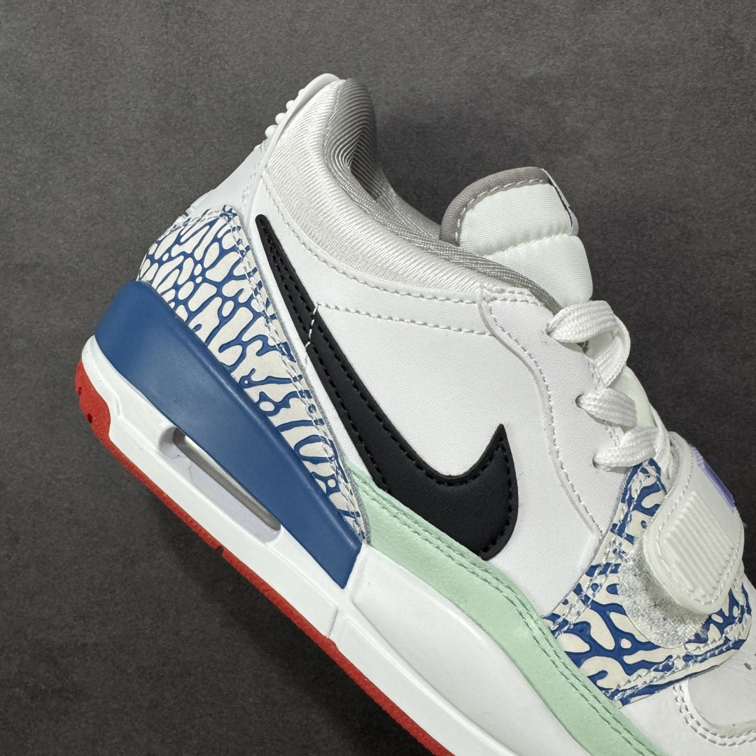 图片[6]-福利特价【GQ福利】Air Jordan Legacy AJ312 复古篮球鞋 市场最强独一档产物 全套原纸板楦头开发 原厂大底磨具加持立体防滑纹理 原档数据后跟TPU子母扣魔术贴 原装可视Air Sole气垫 原汁原味最完美的312代版型 唯一正确鞋头趴度弧度高度鞋身腰线 进口港宝加持 后跟自然饱满 全鞋荧光划线卡点 追求极致完美 每一双都是工艺品 多重QC质检 超越公司货的品控标准 实实在在的免检产品 鞋身采用了皮革材质打造 横跨鞋面的魔术贴十分吸睛 侧面的Swoosh Logo的一部分被鞋面遮挡了一部分 颇具玩味 魔术贴上标有NK标识 而鞋舌上是Jordan的经典红色飞翼Logo 后跟和鞋底均采用了AJ3的设计 后跟上同样也使用了经典的爆裂纹图案 货号：DV9127-101 尺码：36 36.5 37.5 38 38.5 39 40 40.5 41 42 42.5 43 44 44.5 45-选品中心