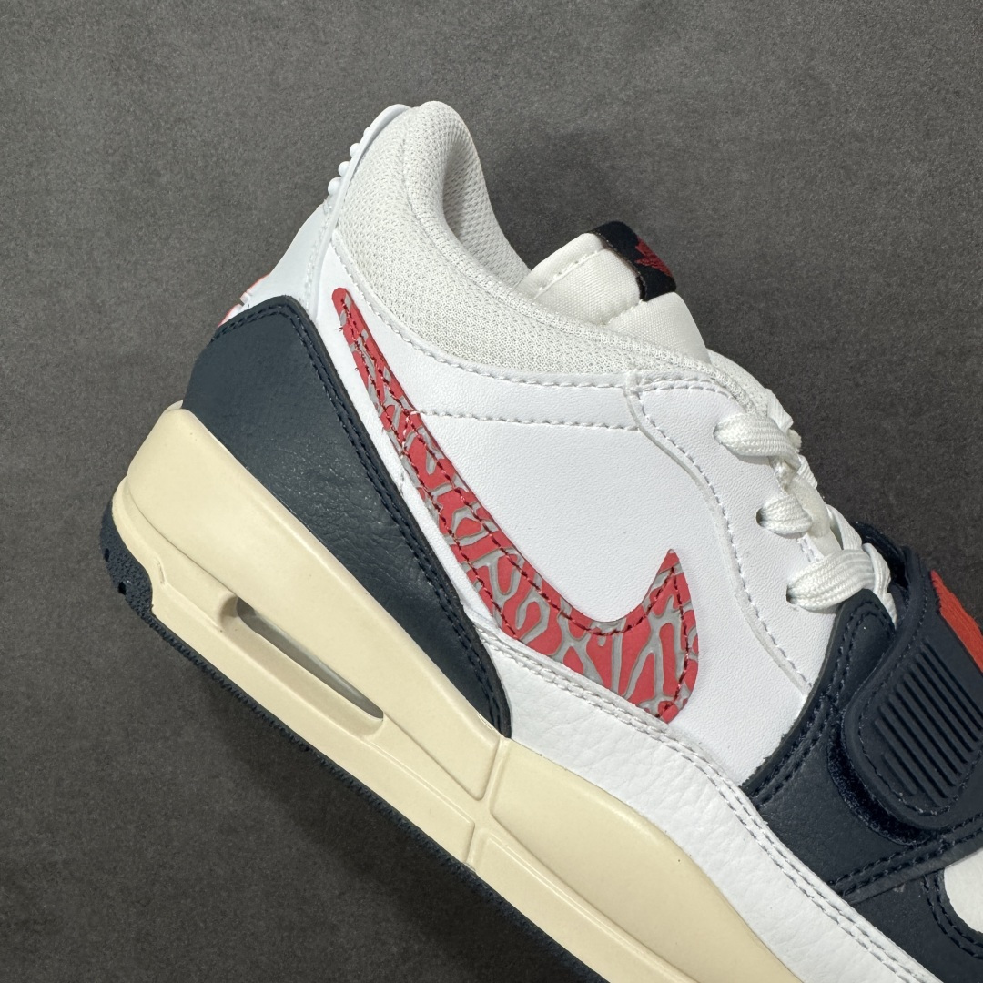 图片[6]-福利特价【GQ福利】Air Jordan Legacy AJ312 复古篮球鞋 市场最强独一档产物 全套原纸板楦头开发 原厂大底磨具加持立体防滑纹理 原档数据后跟TPU子母扣魔术贴 原装可视Air Sole气垫 原汁原味最完美的312代版型 唯一正确鞋头趴度弧度高度鞋身腰线 进口港宝加持 后跟自然饱满 全鞋荧光划线卡点 追求极致完美 每一双都是工艺品 多重QC质检 超越公司货的品控标准 实实在在的免检产品 鞋身采用了皮革材质打造 横跨鞋面的魔术贴十分吸睛 侧面的Swoosh Logo的一部分被鞋面遮挡了一部分 颇具玩味 魔术贴上标有NK标识 而鞋舌上是Jordan的经典红色飞翼Logo 后跟和鞋底均采用了AJ3的设计 后跟上同样也使用了经典的爆裂纹图案 货号：DV9127-101 尺码：36 36.5 37.5 38 38.5 39 40 40.5 41 42 42.5 43 44 44.5 45-选品中心