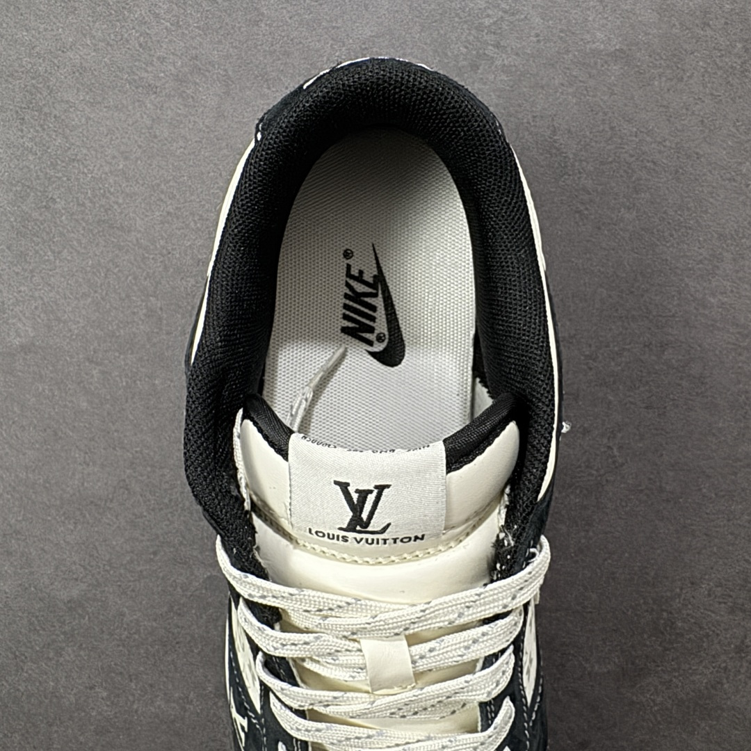 图片[7]-【定制版】Louis Vuitton x Nike Dunk SB Low 路易威登LV x 耐克 SB 低帮 黑白色 鞋身整体以白色皮革打造，搭配黑色麂皮框架覆盖层，使鞋款十分百搭，鞋舌绣标上以LV字样呈现，鞋身两侧的Swoosh Loggo采用白色点缀，后跟装饰片使用黑色制作，后跟Nike字样以白色刺绣妆点，鞋头处LV字样采用白色点缀，后跟印有LLouis Vuitton字样，彰显联名身份；最后以米白色中底搭配黑色橡胶外底完善整体设计收尾。 货号：KG6699-F02 尺码：36 36.5 37.5 38 38.5 39 40 40.5 41 42 42.5 43 44 44.5 45 编码：GLB320330-选品中心