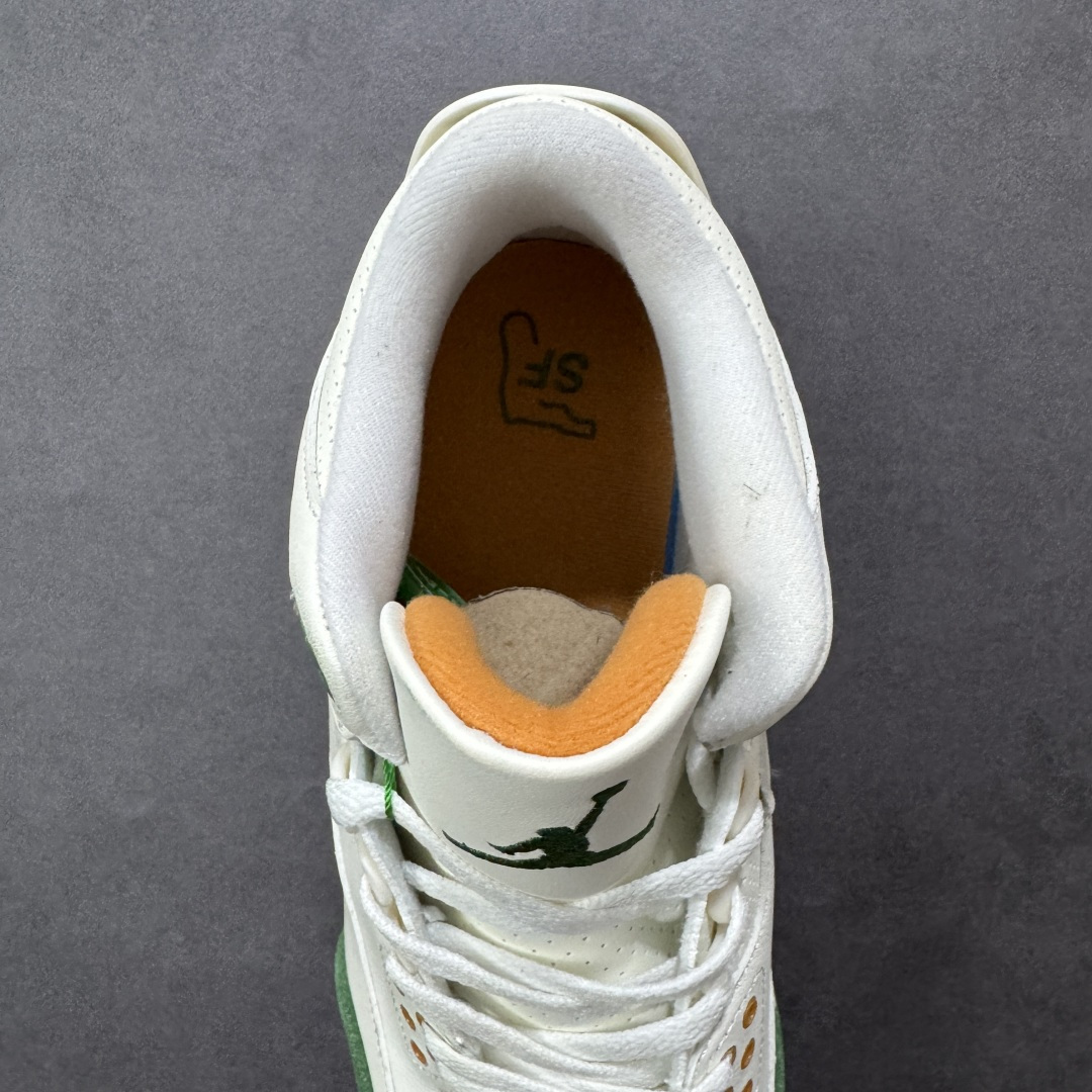 图片[7]-【公司级】Solefly x Air Jordan 3 Retro \”Miami\” 迈阿密联名 白绿橙 AJ3 乔丹3代 aj3 乔3 白绿橙 乔丹篮球鞋系列 迈阿密鞋店Solefly和Jordan Brandz再次联手，打造全新的Air Jordan 3联名款，设计灵感源于主理人Carlos Prieto的家族从古巴到迈阿密的移民故事，橙绿配色不仅呼应迈阿密飓风队，更象征着活力与传承。鞋身以白色皮革为基底，搭配绿色麂皮鞋头与橙色麂皮后跟，质感高级又复古；鞋舌上Jumpyman Logo采用绿色点缀，中底采用做旧奶油色，搭配橙色橡胶外底，瞬间拉回80年代氛围；鞋后跟拉片下的SoleFly浮雕Logo与Nike Air标志，彩蛋是鞋舌绣有\”SUNSHINE STATE\”和\”MIAMI\”字样，彩蛋十足！鞋盒还将SF与店铺所在地区佛罗里达州的地图结合在一起，突显本次联名的专属身份。 货号：IF4491-100（2025.12.01发售） 尺码：40 40.5 41 42 42.5 43 44 44.5 45 46 47 编码：XSB260270-选品中心