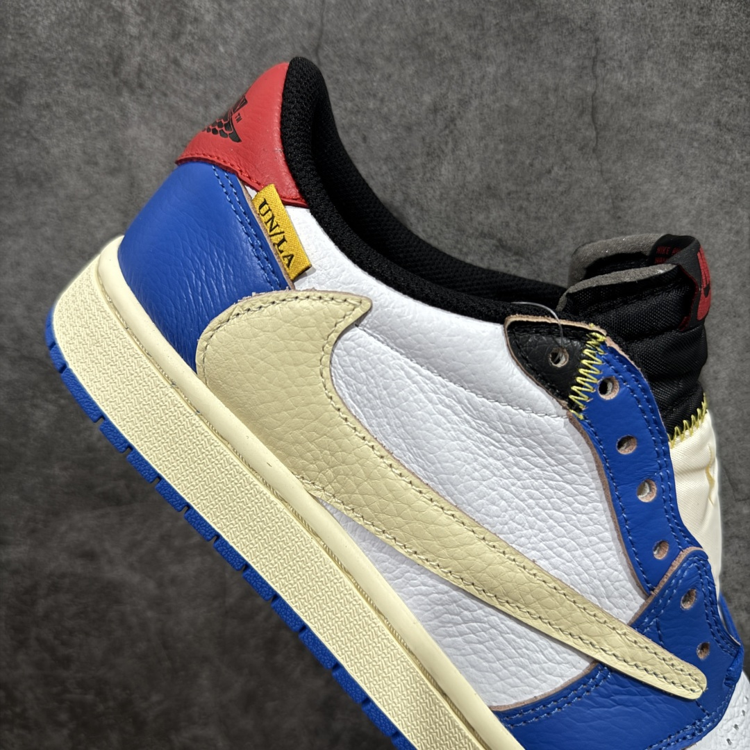 图片[7]-【原厂版】Union LA x Fragment Design x Air Jordan AJ1 Low OG SP 藤原浩三方联名四色拼接 TS联名倒钩低帮 蓝红白 DM7866-111 超级强悍品质 可对比市场各大纯原版本 专业aj大厂出品 对细节的把控毋庸置疑 材料也是用最接近原鞋的头层皮料 所有地方都没有做到减配 原厂鞋楦打造完美鞋型 整体鞋型以及后跟做的弧度做的非常好 鞋带为原厂打蜡鞋带 粗细程度同步原鞋 裁片清洁度到位 无明显瑕疵毛边 免修产品 正确针车 该重针 该有尖角的地方都有做到 鞋价格非常香 转手可闭眼卖高价 到手各位就知道货有多好 绝对秒杀一切同价格货品 尺码：36-47.5-选品中心