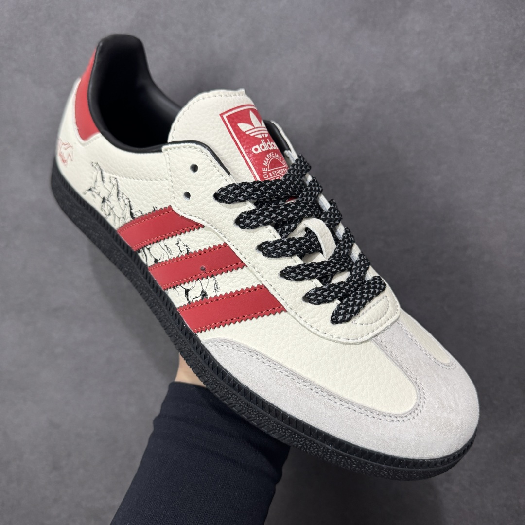 图片[3]-【定制版】Adidas Originals“马年联名限定 黑贝壳头，米白基底搭配红黑撞色条纹，头层皮革鞋面提升高级感，红鞋带 + 黄鞋口强化视觉层次，同色系车线精致细腻，每一处细节都在诉说复古潮味。 货号：JJ2612 尺码：36 36.5 37.5 38 38.5 39 40 40.5 41 42 42.5 43 44 44.5 45-选品中心