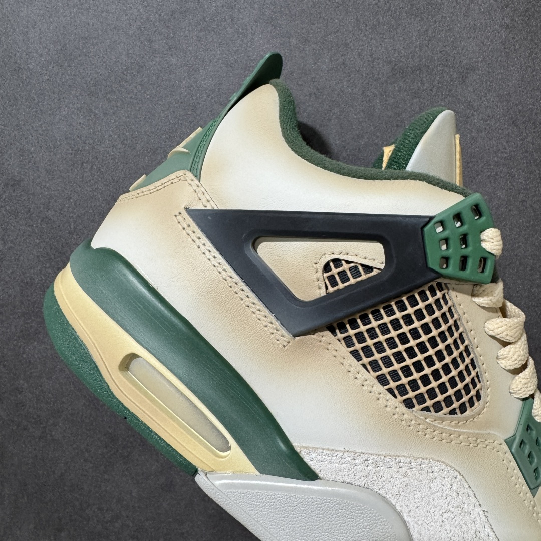 图片[8]-【福利特价】神奇宝贝 x Air Jordan 4 Retro 联名妙蛙花 AJ4 乔丹4代 aj4 乔4 联名妙蛙花 乔丹篮球鞋系列 鞋身采用白橙色作为主底色，鞋带孔采用绿色呈现，鞋舌上Jumpman Logo采用绿色刺绣点缀，侧面的支撑部分采用黑色点缀，迎合鞋款主题。侧身网格以橙色呈现，此外后跟处经典元年Nike Swoosh Logo以米黄色点缀，彰显OG的气质十足；中底位置采用绿色配色呈现，最后以搭载有开窗式Air Max气垫的中底收尾。 货号：DC7770-106 尺码：40 40.5 41 42 42.5 43 44 44.5 45 46 47.5-选品中心