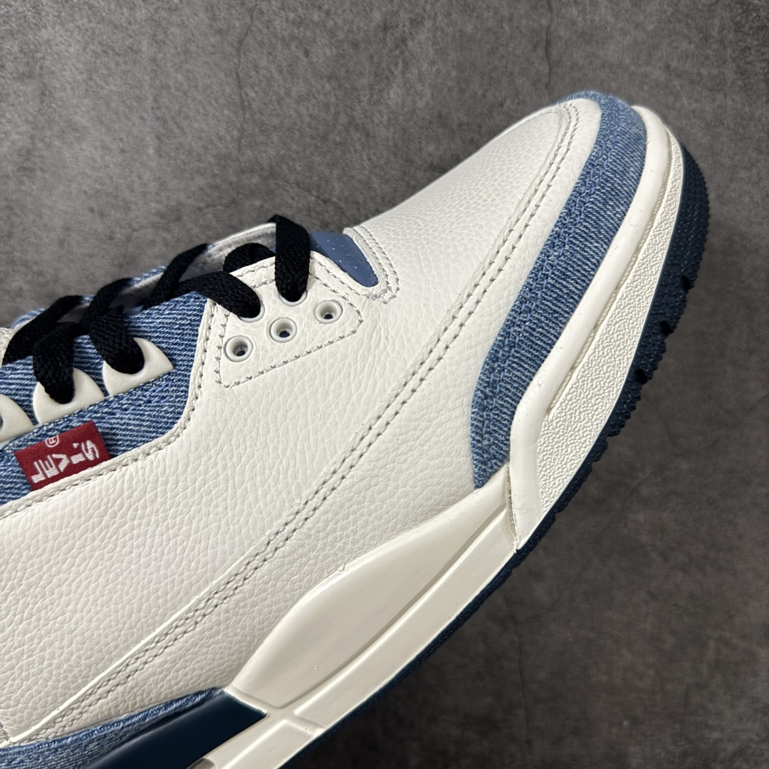 图片[6]-【XP纯原】Air Jordan aj3 Retro Levi\’s All-Star 联名系列篮球鞋，李维斯牛仔白蓝 IR0912-400，丹宁牛仔布 + 荔枝纹皮革拼接 Levi\’s x Air Jordan 3 \”All-star\” 李维斯 全明星限定 白蓝 AJ3 乔丹3代 aj3 乔3 丹宁白蓝 男女同款 乔丹篮球鞋系列 鞋系列鞋款在延续Air Jordtan 3经典轮廓的基础上，巧妙融入Levi\’s标志性的丹宁工艺与细节，营造出兼具复古质感与街头风格的独特气质；鞋款摒弃了标志性的大象纹设计，鞋头、鞋跟与鞋带孔处，将质感细腻的白色光面皮革与柔软的蓝色丹宁布拼接相融，冷暖撞色既营造出简约利落的视觉美感，又悄然致敬了李维斯经典的工装基因。鞋舌处Jtumpman Logo采用红色点缀，添上一抹亮眼的点睛之笔，鞋跟处的蓝色Nike Air标识，则让鞋款与乔丹品牌的经典历史一脉相承；鞋侧饰有红色Levi\’s标签，彰显联名身份。最后以白蓝双色中底搭配蓝红橡胶外底及Nike字样完善整体设计收尾。 尺码：40 40.5 41 42 42.5 43 44 44.5 45 45.5 46 47.5 48.5-选品中心