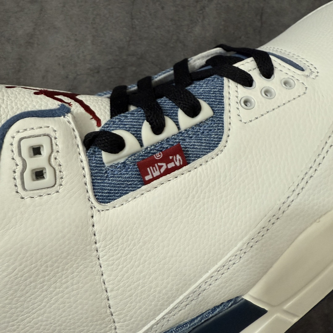 图片[4]-【XP纯原】Air Jordan aj3 Retro Levi\’s All-Star 联名系列篮球鞋，李维斯牛仔白蓝 IR0912-400，丹宁牛仔布 + 荔枝纹皮革拼接 Levi\’s x Air Jordan 3 \”All-star\” 李维斯 全明星限定 白蓝 AJ3 乔丹3代 aj3 乔3 丹宁白蓝 男女同款 乔丹篮球鞋系列 鞋系列鞋款在延续Air Jordtan 3经典轮廓的基础上，巧妙融入Levi\’s标志性的丹宁工艺与细节，营造出兼具复古质感与街头风格的独特气质；鞋款摒弃了标志性的大象纹设计，鞋头、鞋跟与鞋带孔处，将质感细腻的白色光面皮革与柔软的蓝色丹宁布拼接相融，冷暖撞色既营造出简约利落的视觉美感，又悄然致敬了李维斯经典的工装基因。鞋舌处Jtumpman Logo采用红色点缀，添上一抹亮眼的点睛之笔，鞋跟处的蓝色Nike Air标识，则让鞋款与乔丹品牌的经典历史一脉相承；鞋侧饰有红色Levi\’s标签，彰显联名身份。最后以白蓝双色中底搭配蓝红橡胶外底及Nike字样完善整体设计收尾。 尺码：40 40.5 41 42 42.5 43 44 44.5 45 45.5 46 47.5 48.5-选品中心