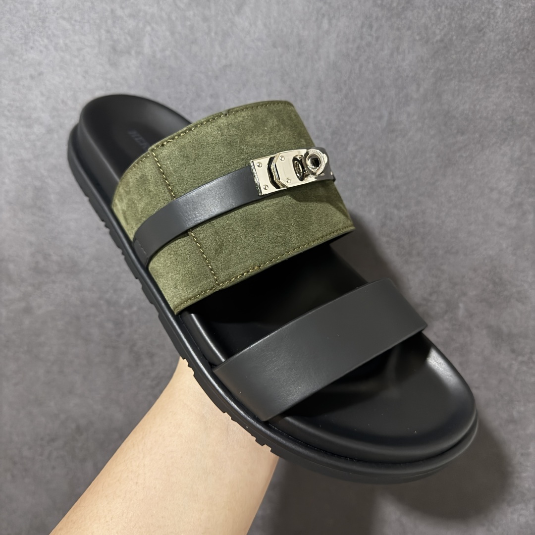 HERMES Sandales Chyprechevre Velours 黑绿 皮面/绒面尺码：40-4