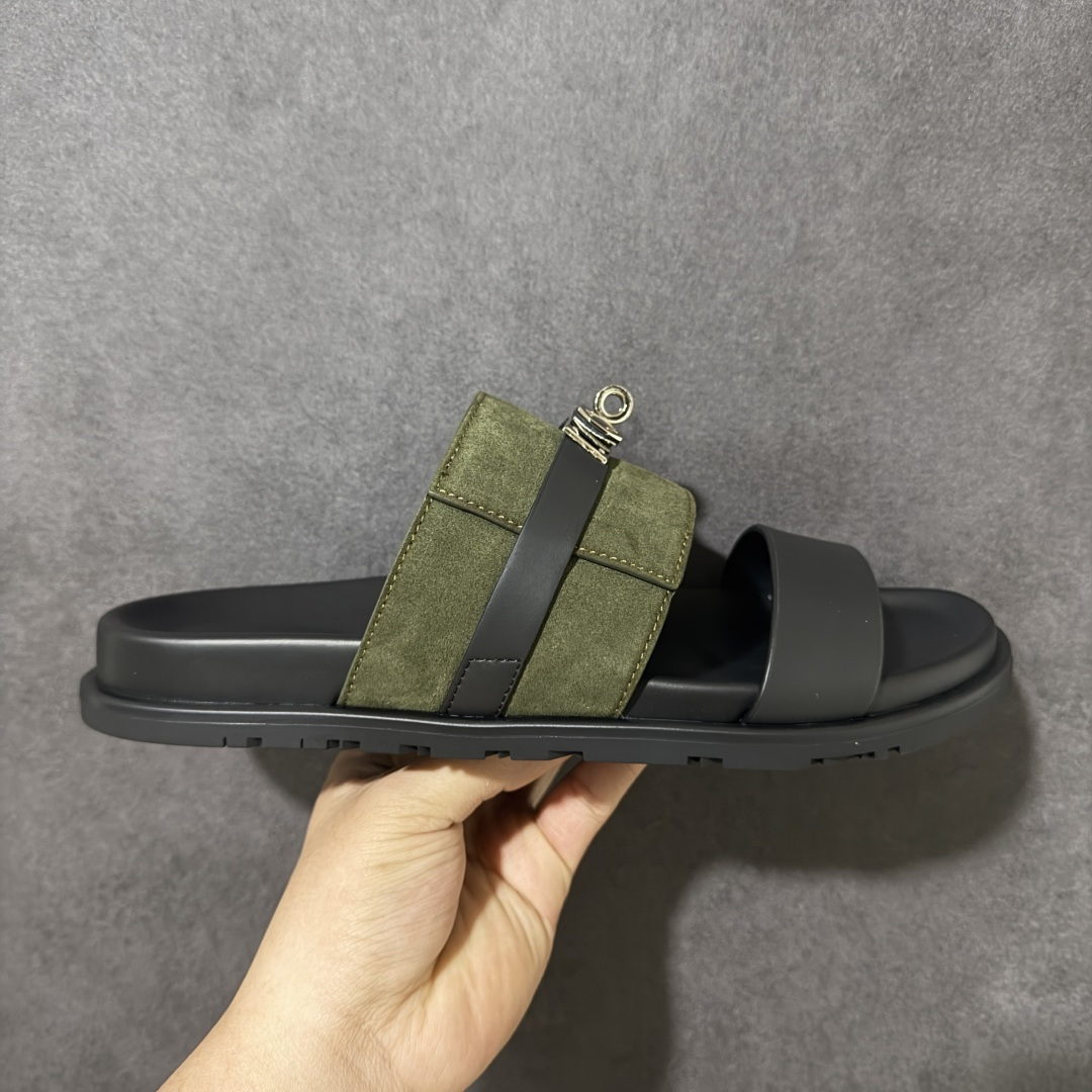 HERMES Sandales Chyprechevre Velours 黑绿 皮面/绒面尺码：40-4