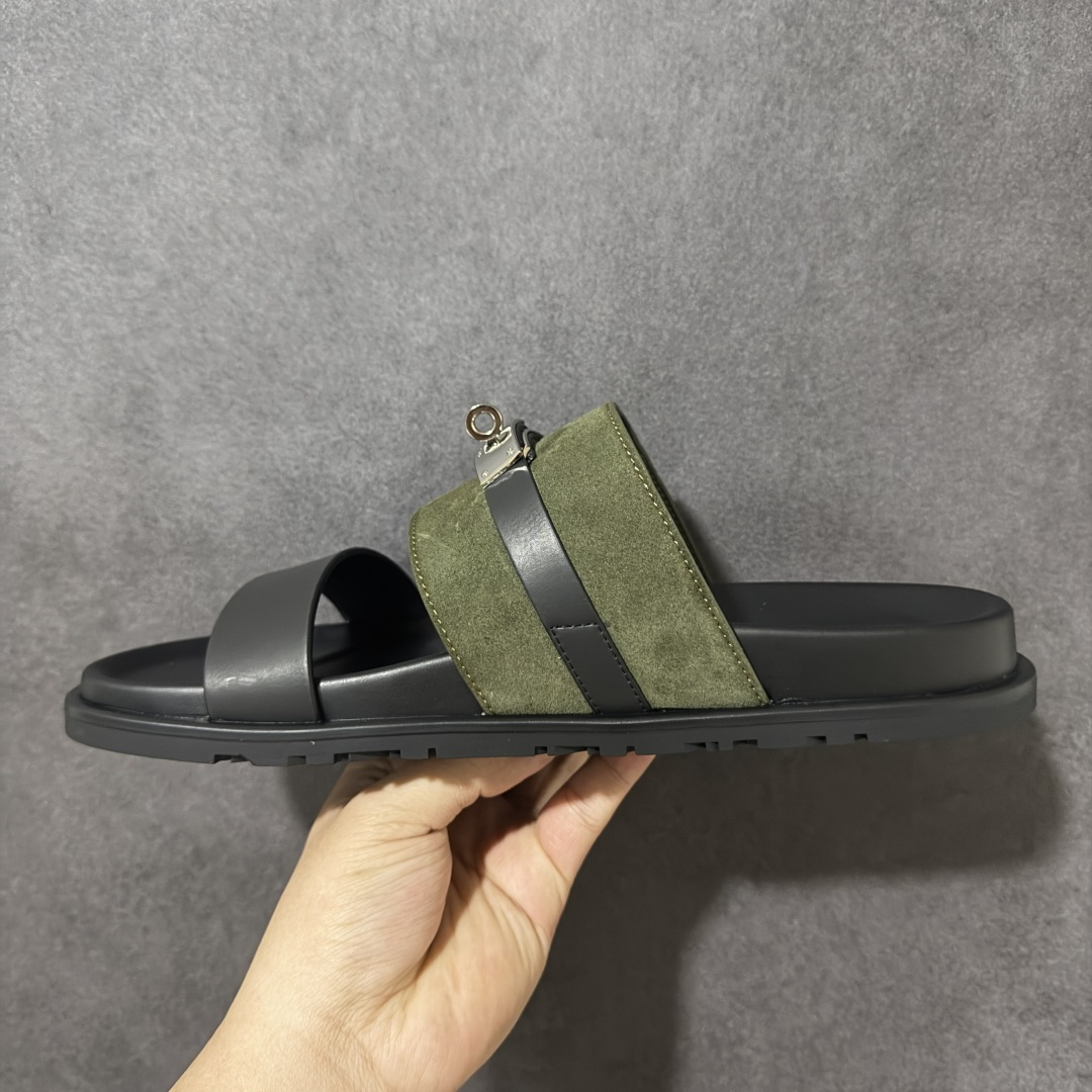HERMES Sandales Chyprechevre Velours 黑绿 皮面/绒面尺码：40-4
