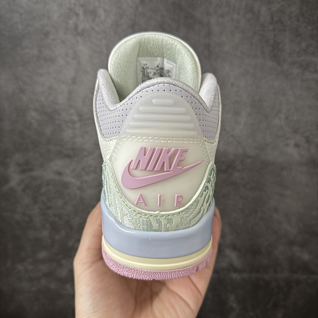 图片[4]-【外贸版】Air Jordan 3 Retro \”Easter\” AJ3 乔3马卡龙色系 IF4396-100  #通体采用纯白皮革打造，辅以浅绿、柔蓝、淡紫、婴儿粉等马卡龙色系点缀。奶白色中底收尾成型，丰富视觉层次，提升质感表现。整双鞋色调柔和克制、搭配协调，不浮夸却氛围感十足。经典爆裂纹由刺绣工艺替代传统压纹材质。光面皮革之上，以刺绣线条勾勒出更简洁、近似迷彩的视觉效果。半透明后跟织唛上，Nike Air 标识以柔和婴儿粉呈现，延续整鞋春日浅色系主题。  尺码：36 36.5 37.5 38 38.5 39 40 40.5 41 42 42.5 43 44 44.5 45 46 47.5-选品中心