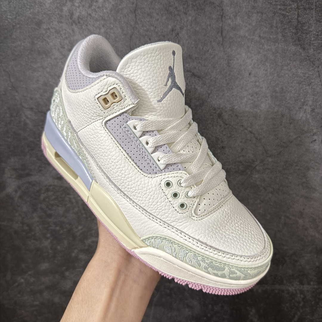 图片[3]-【外贸版】Air Jordan 3 Retro \”Easter\” AJ3 乔3马卡龙色系 IF4396-100  #通体采用纯白皮革打造，辅以浅绿、柔蓝、淡紫、婴儿粉等马卡龙色系点缀。奶白色中底收尾成型，丰富视觉层次，提升质感表现。整双鞋色调柔和克制、搭配协调，不浮夸却氛围感十足。经典爆裂纹由刺绣工艺替代传统压纹材质。光面皮革之上，以刺绣线条勾勒出更简洁、近似迷彩的视觉效果。半透明后跟织唛上，Nike Air 标识以柔和婴儿粉呈现，延续整鞋春日浅色系主题。  尺码：36 36.5 37.5 38 38.5 39 40 40.5 41 42 42.5 43 44 44.5 45 46 47.5-选品中心